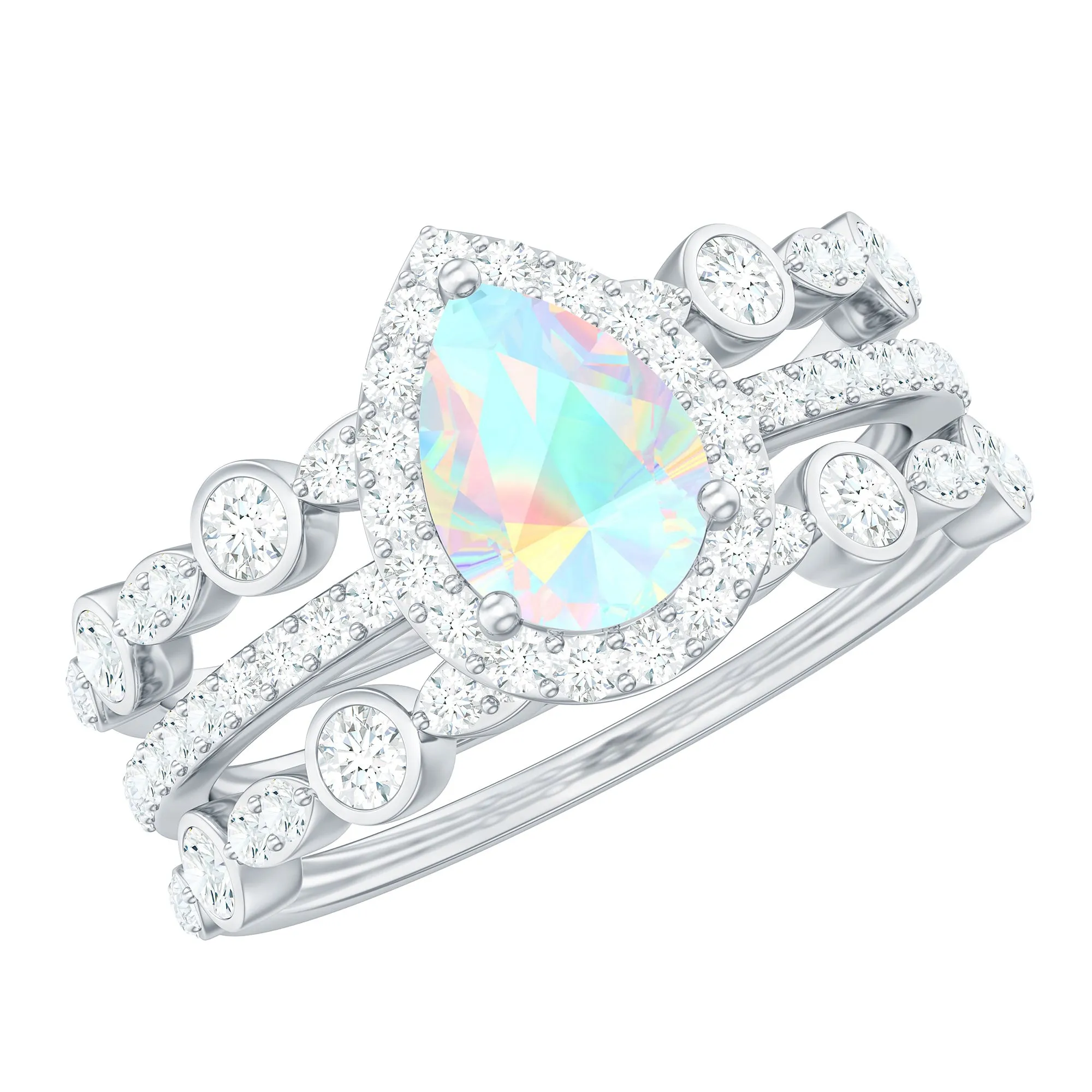 Pear Cut Ethiopian Opal Bridal Trio Ring Set with Moissanite Band