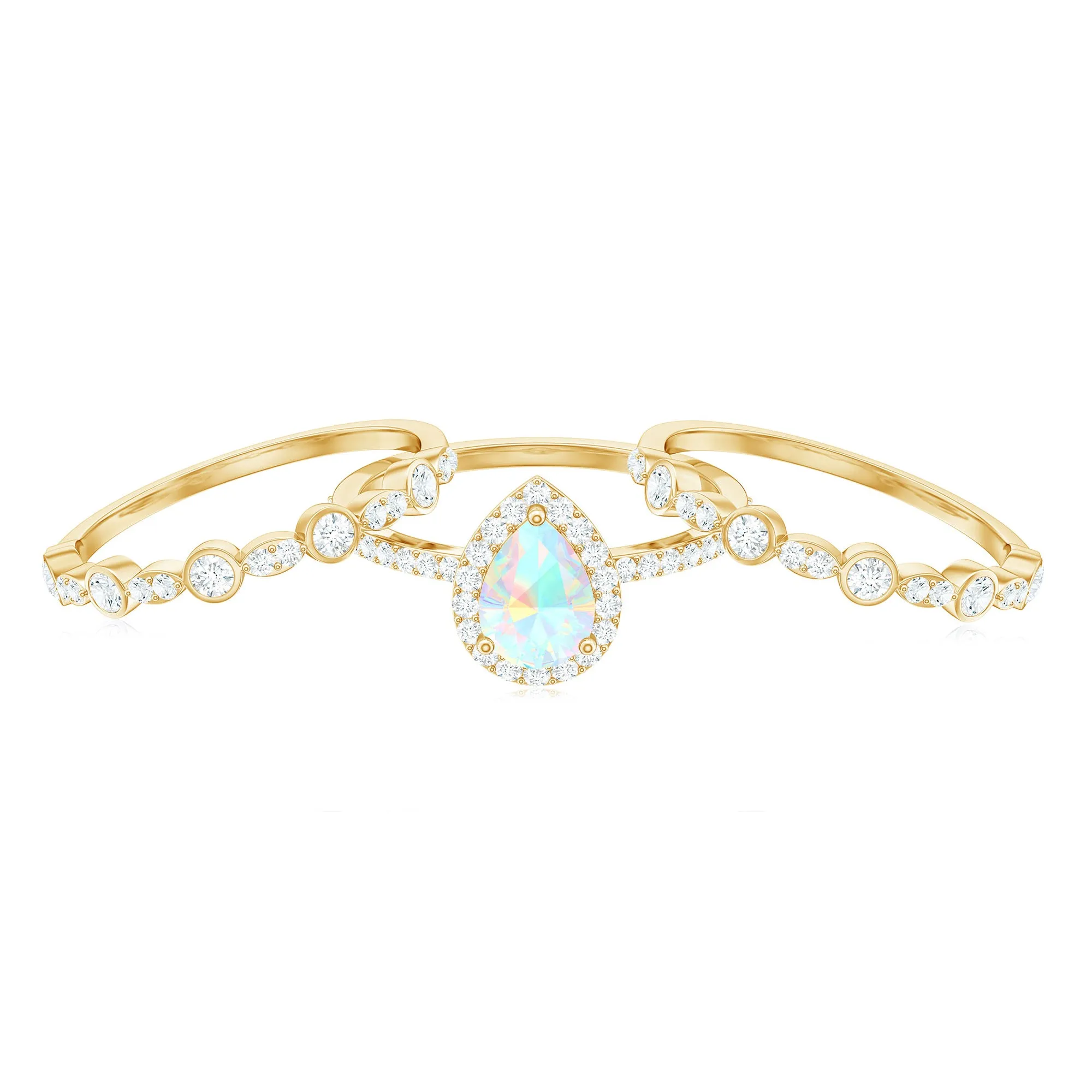 Pear Cut Ethiopian Opal Bridal Trio Ring Set with Moissanite Band