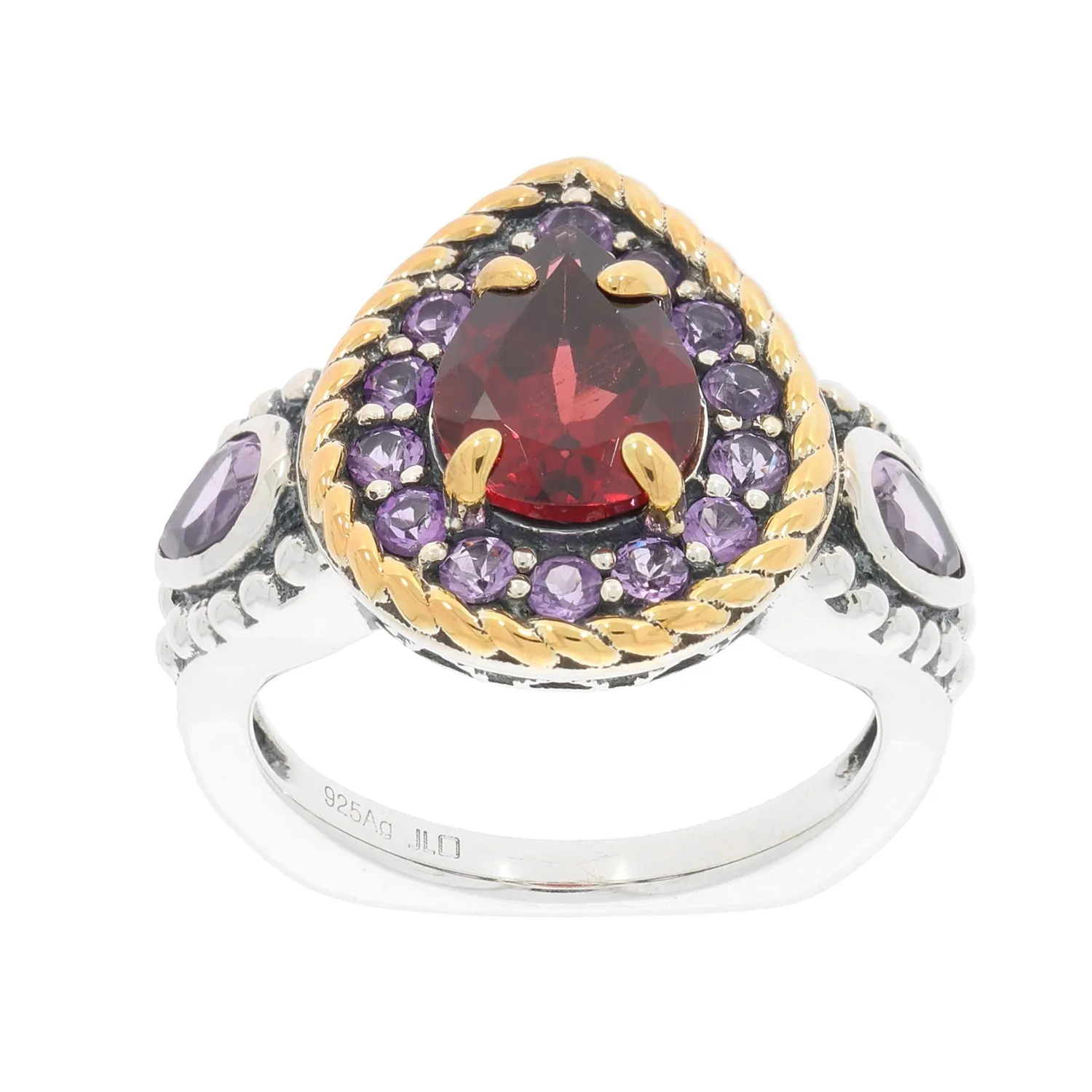 Pear Red Garnet Sterling Silver Ring with Amethyst Accent