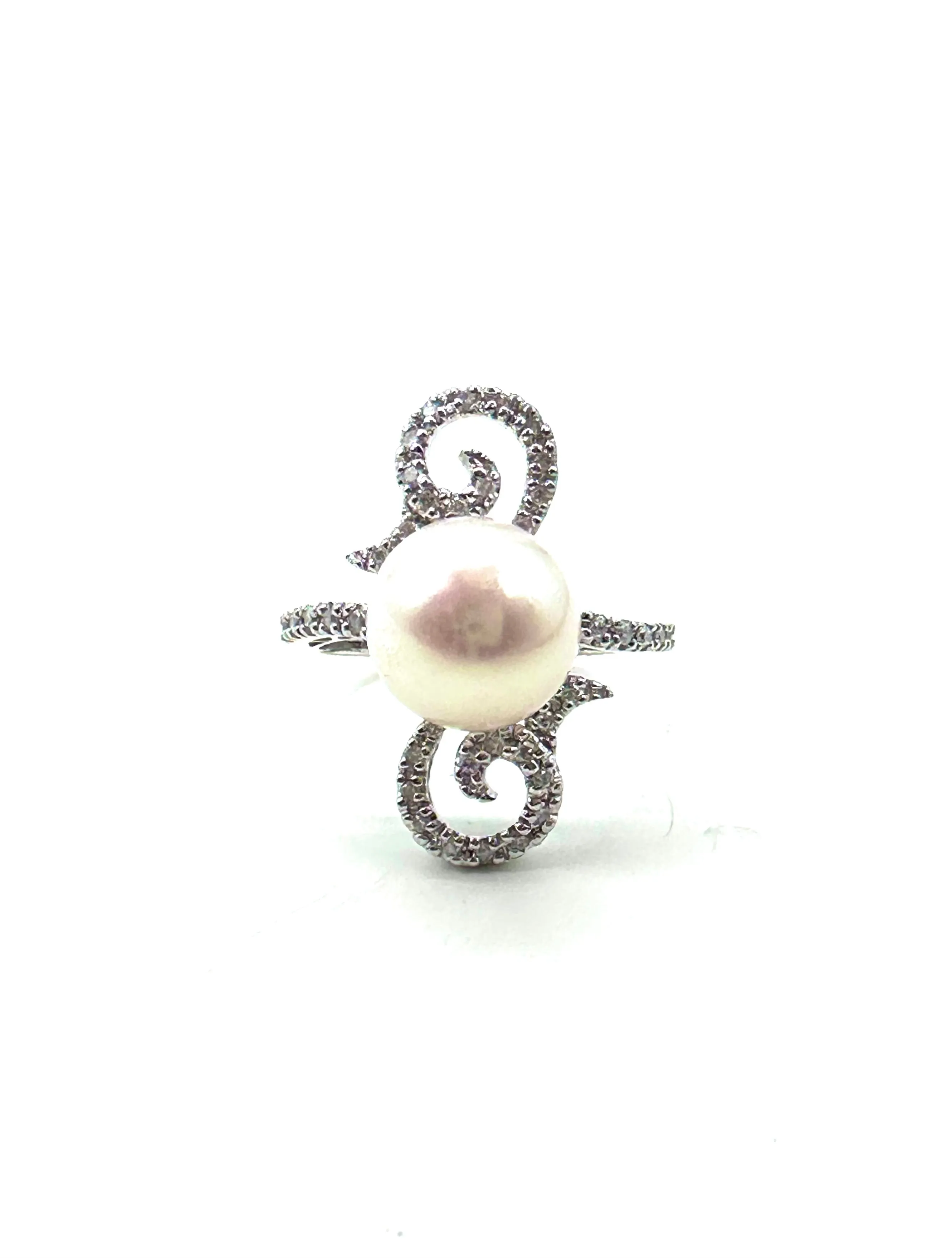 Pearl and diamond swirl ring