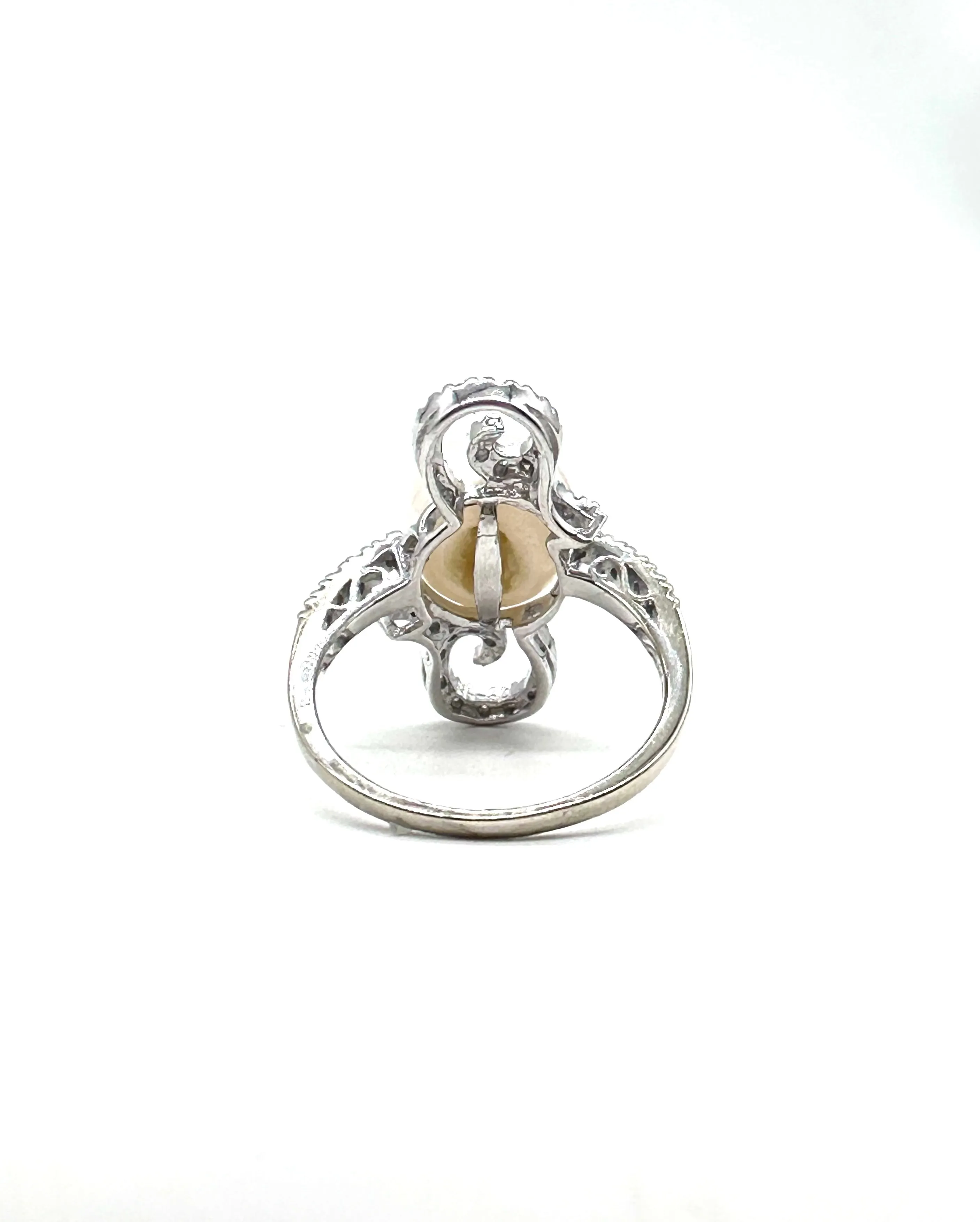 Pearl and diamond swirl ring