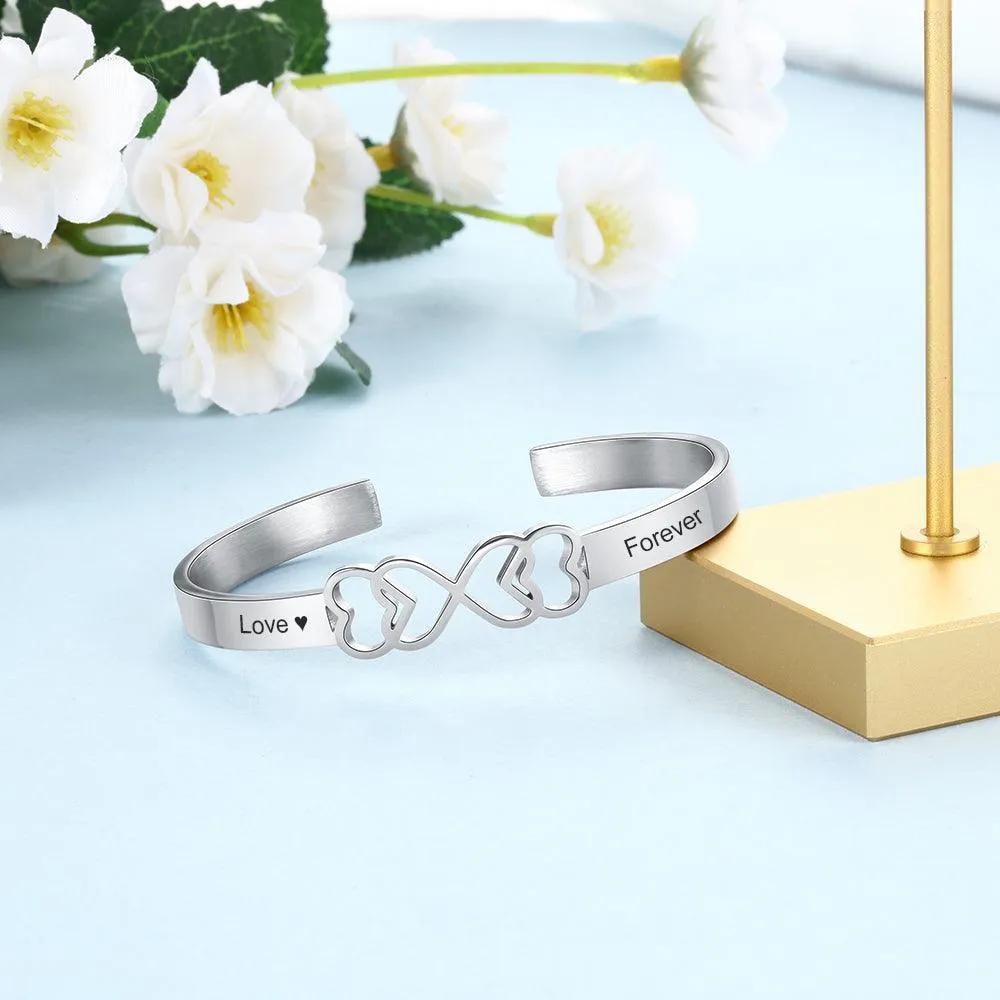 Personalized Stainless Steel Heart Cuff Bangle Bracelets with Engraved Name, Customized Bangle for Women