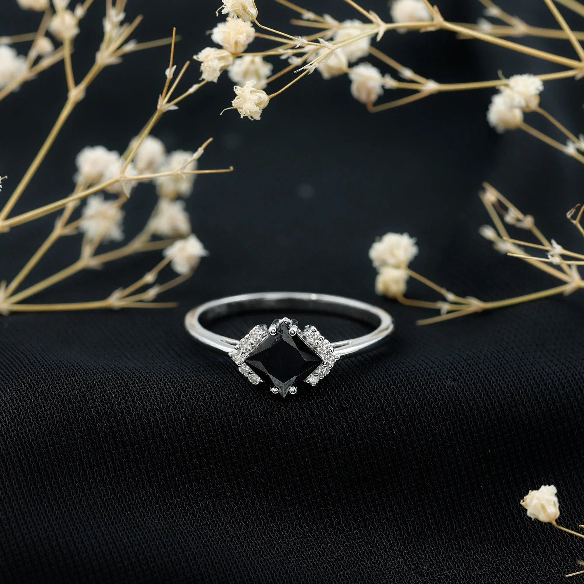 Princess Cut Created Black Diamond Engagement Ring with Diamond