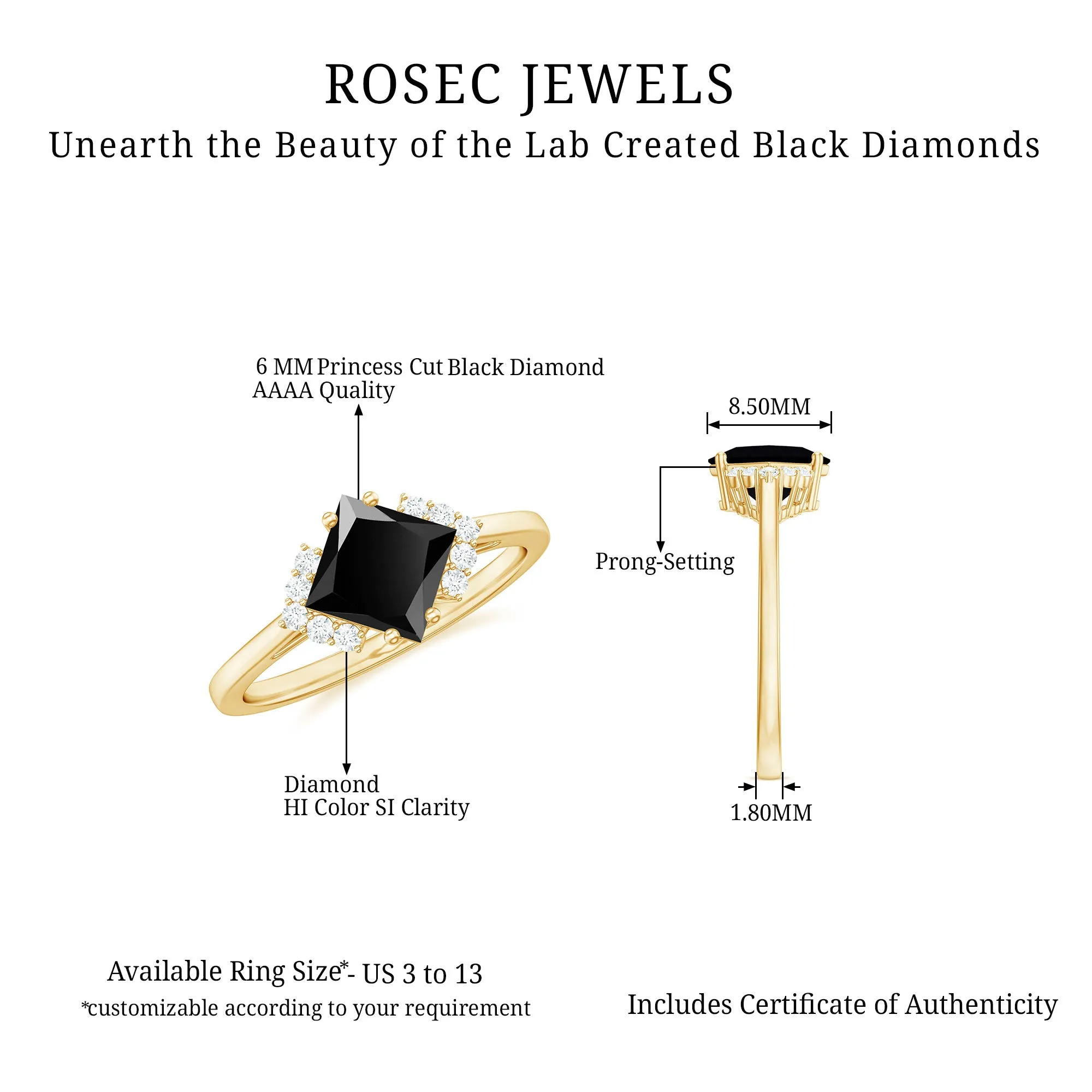 Princess Cut Created Black Diamond Engagement Ring with Diamond