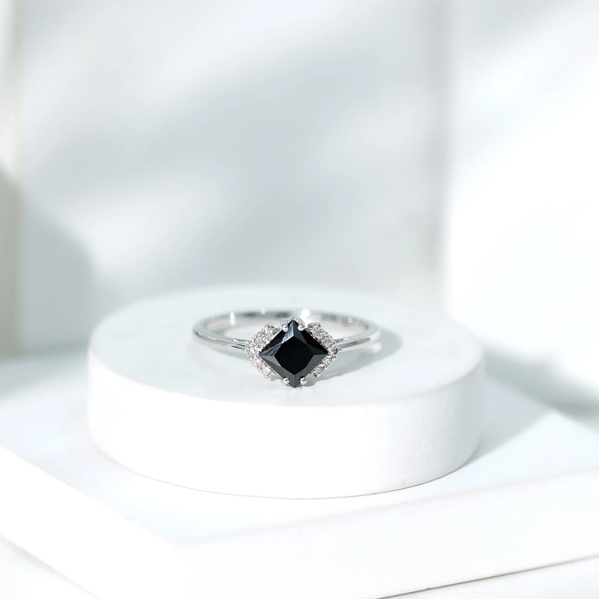 Princess Cut Created Black Diamond Engagement Ring with Diamond