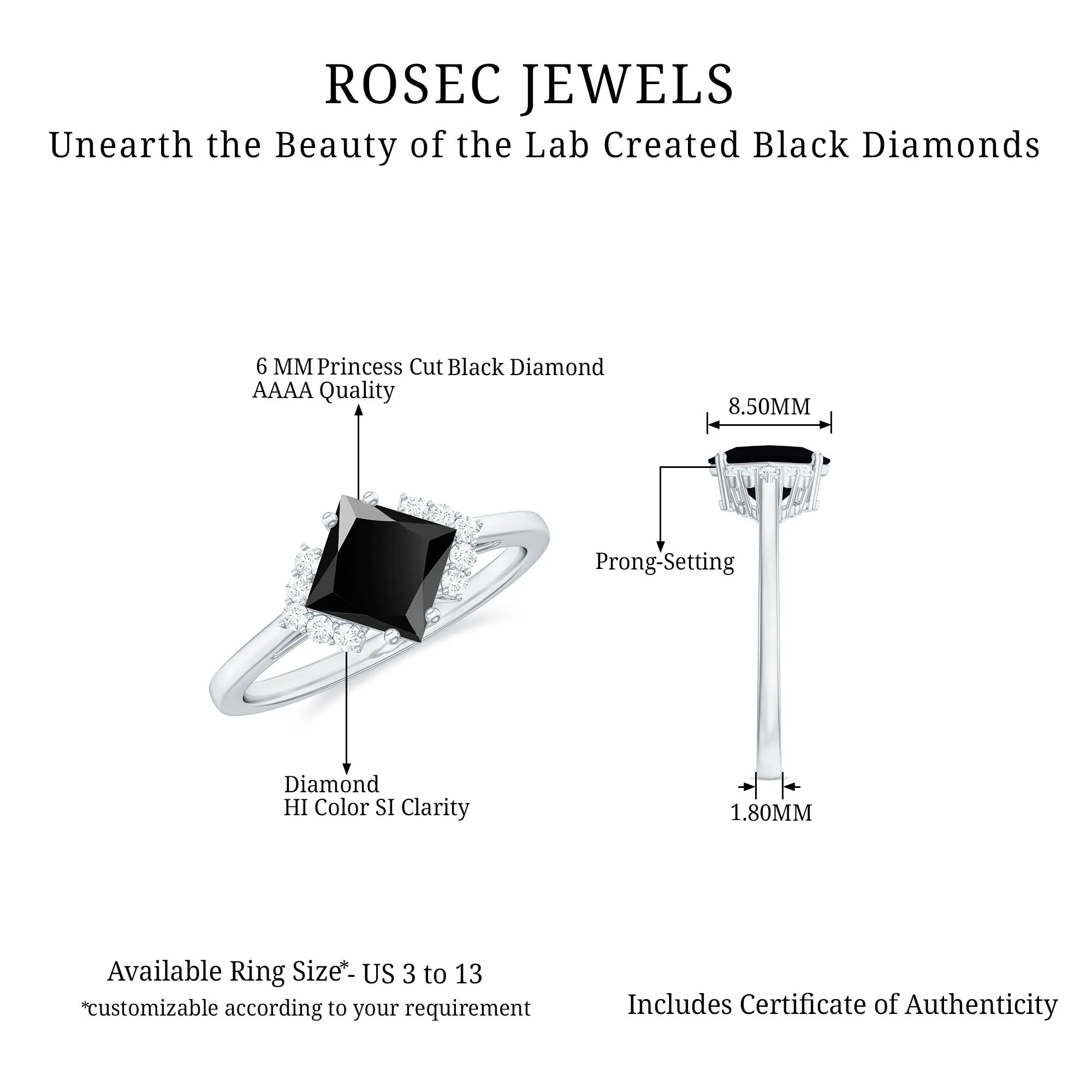 Princess Cut Created Black Diamond Engagement Ring with Diamond