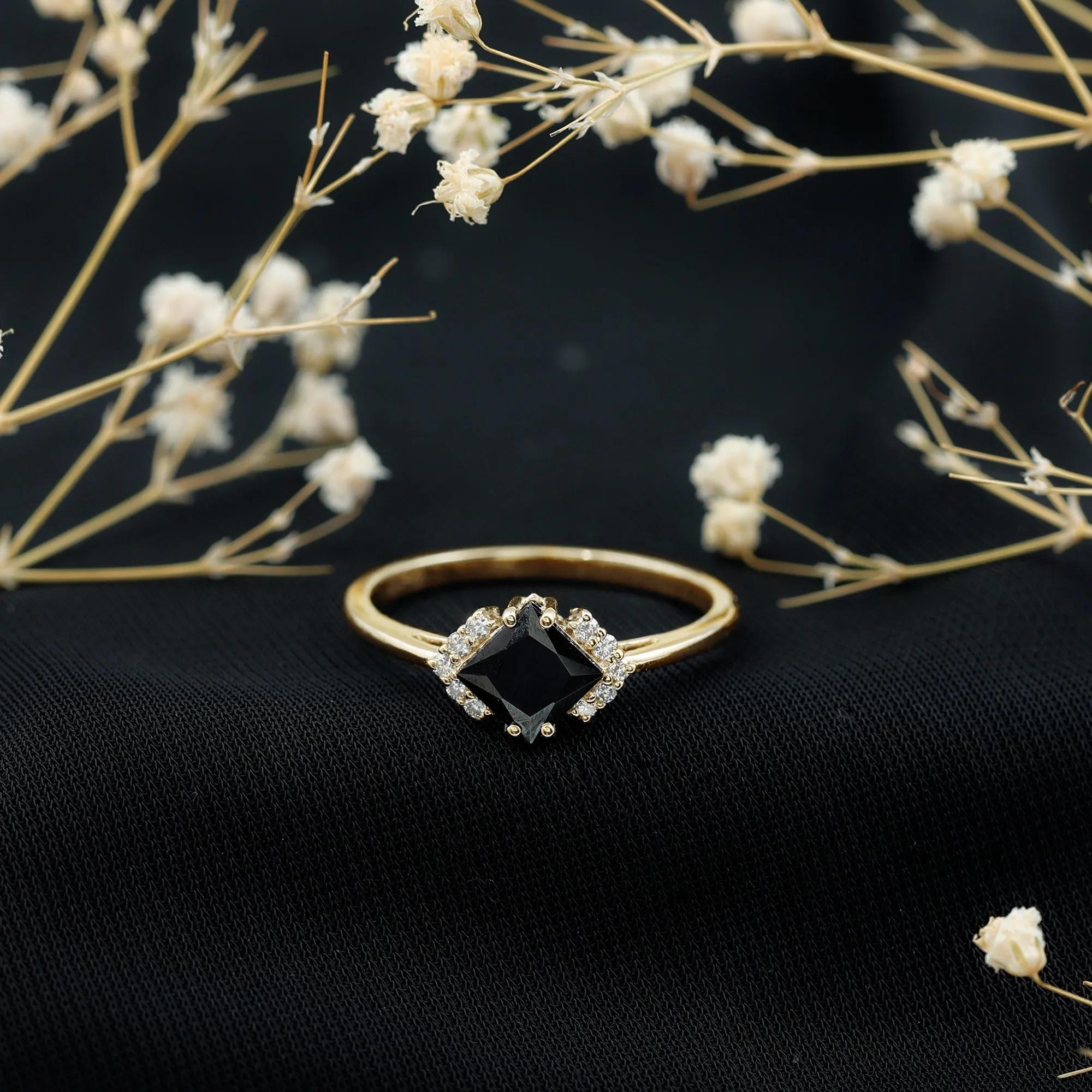 Princess Cut Created Black Diamond Engagement Ring with Diamond