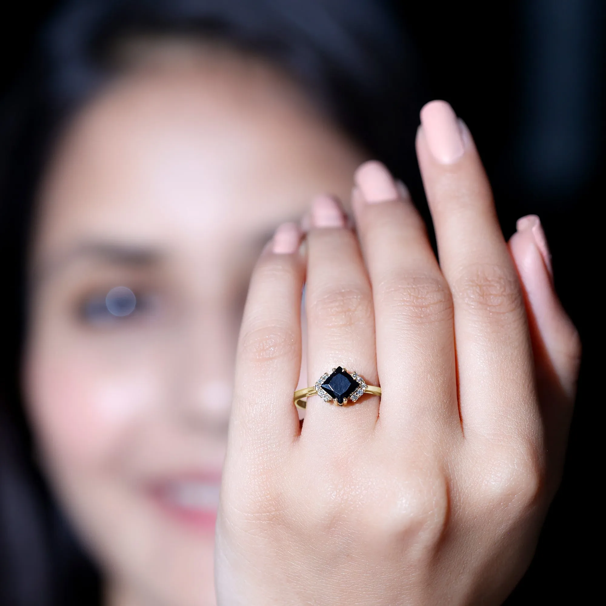 Princess Cut Created Black Diamond Engagement Ring with Diamond