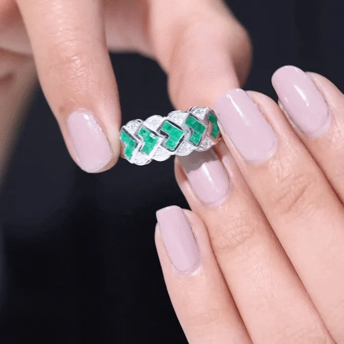 Princess Cut Emerald Anniversary Band Ring with Diamond