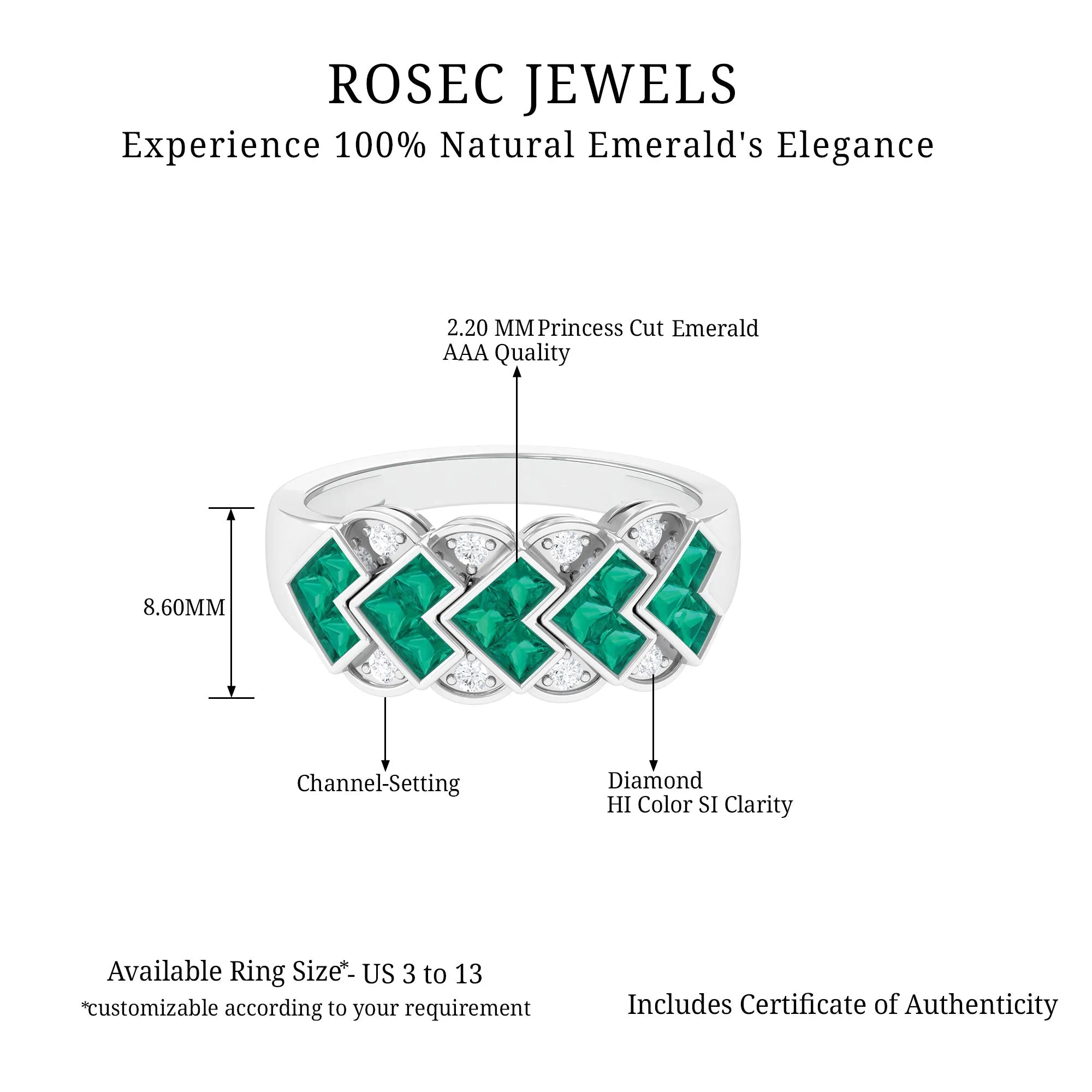 Princess Cut Emerald Anniversary Band Ring with Diamond