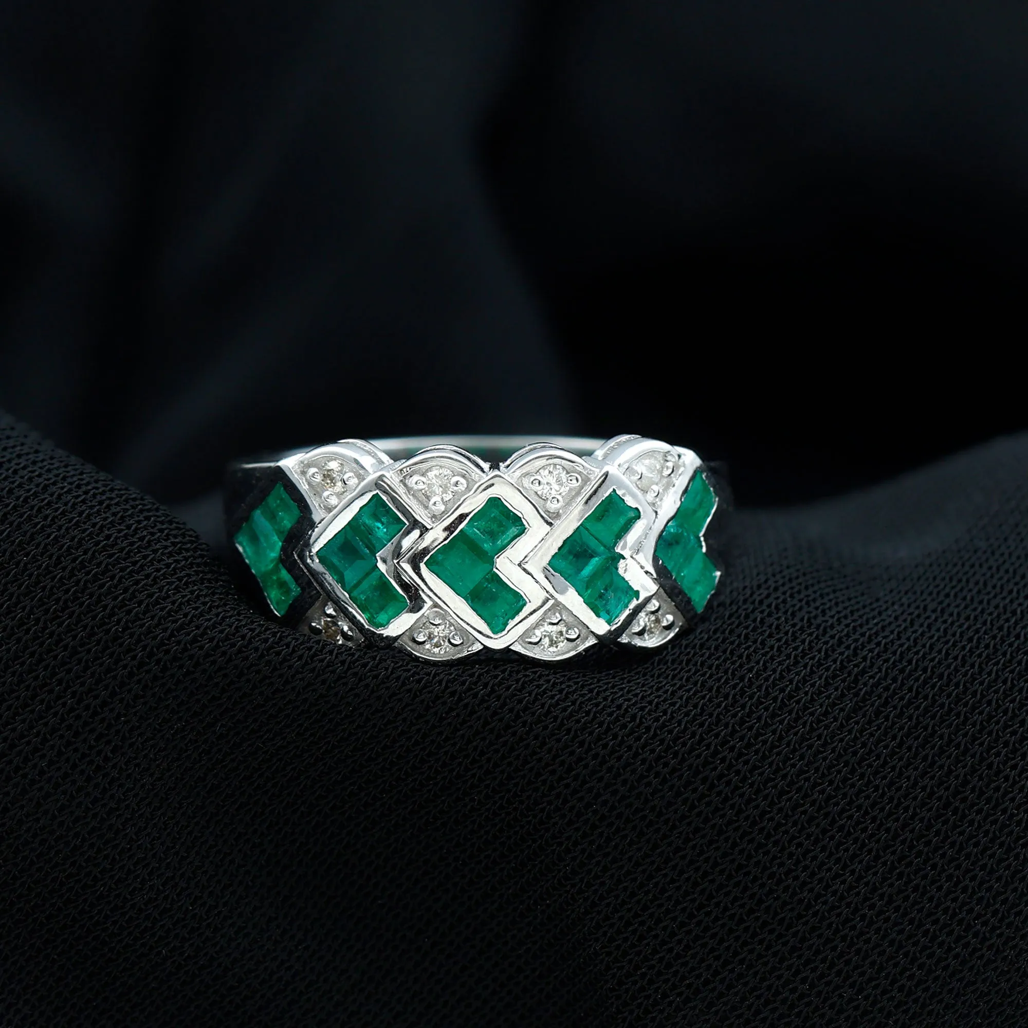 Princess Cut Emerald Anniversary Band Ring with Diamond
