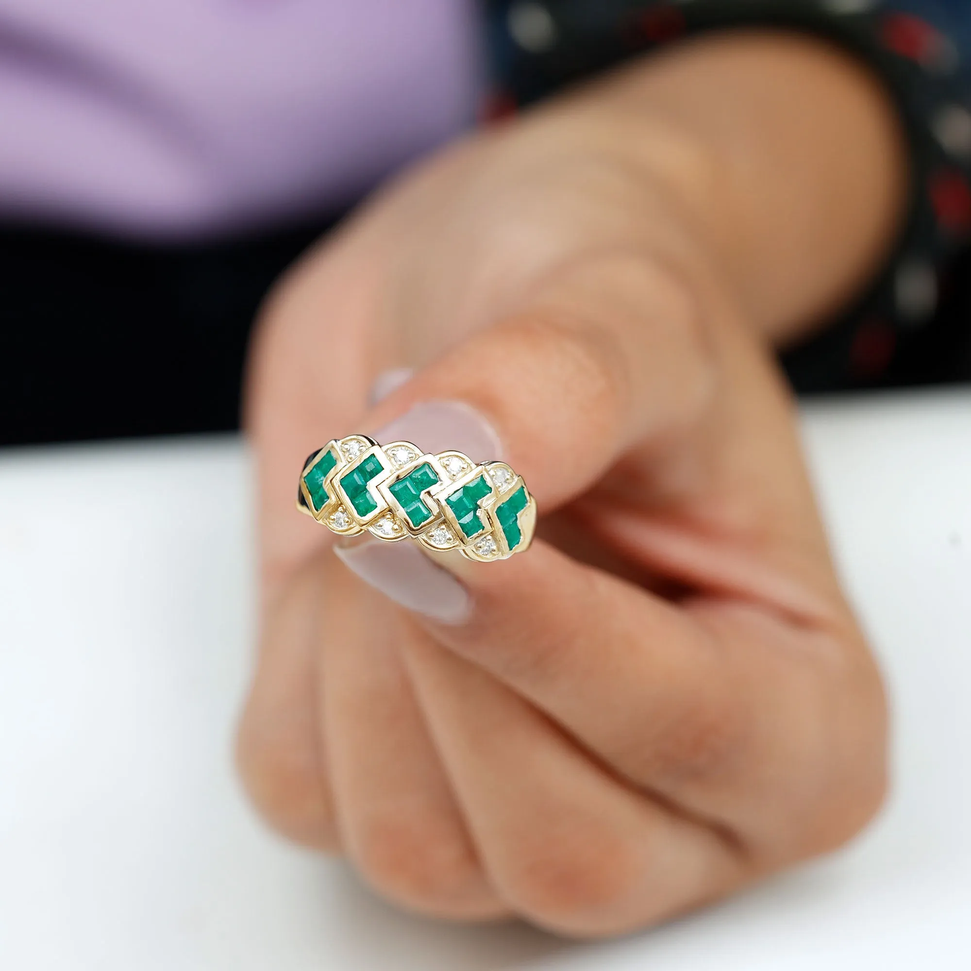 Princess Cut Emerald Anniversary Band Ring with Diamond