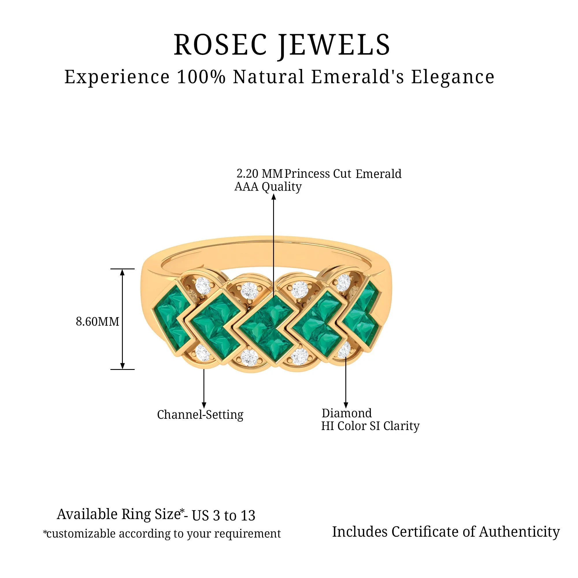 Princess Cut Emerald Anniversary Band Ring with Diamond
