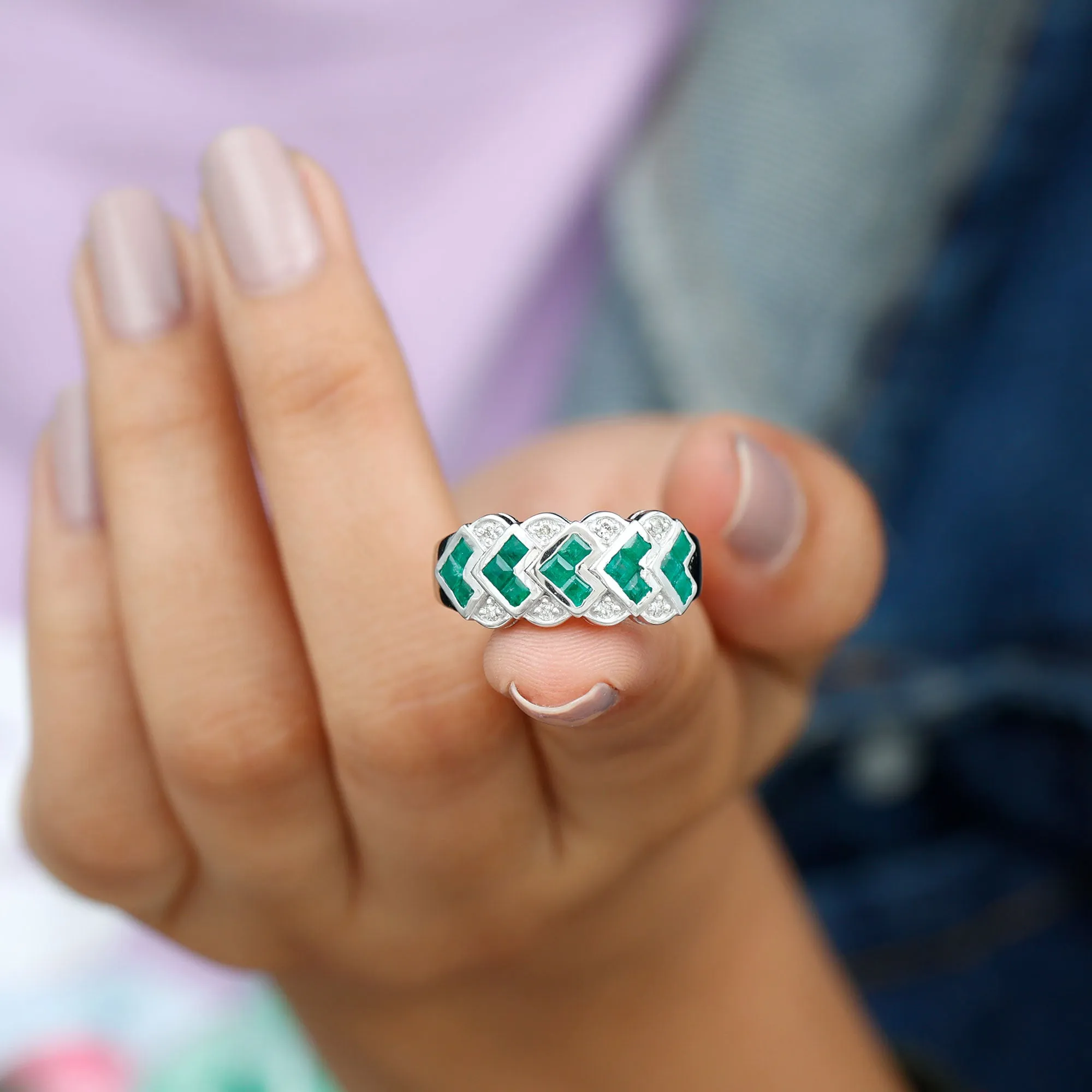 Princess Cut Emerald Anniversary Band Ring with Diamond