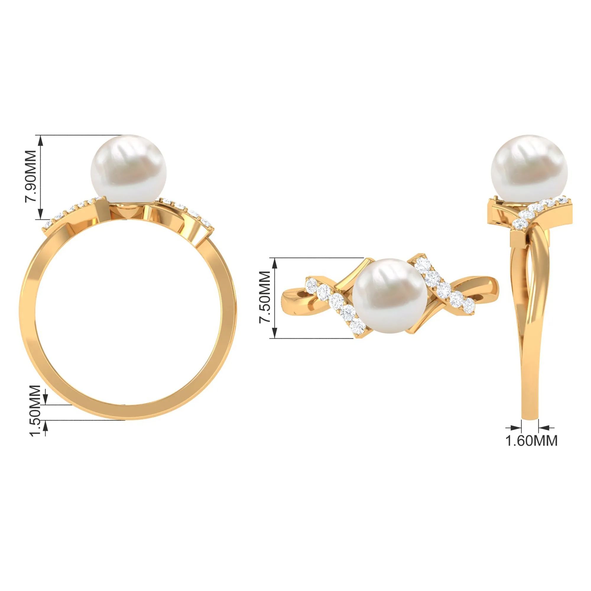 Pure Freshwater Pearl Solitaire Crossover Ring with Diamond