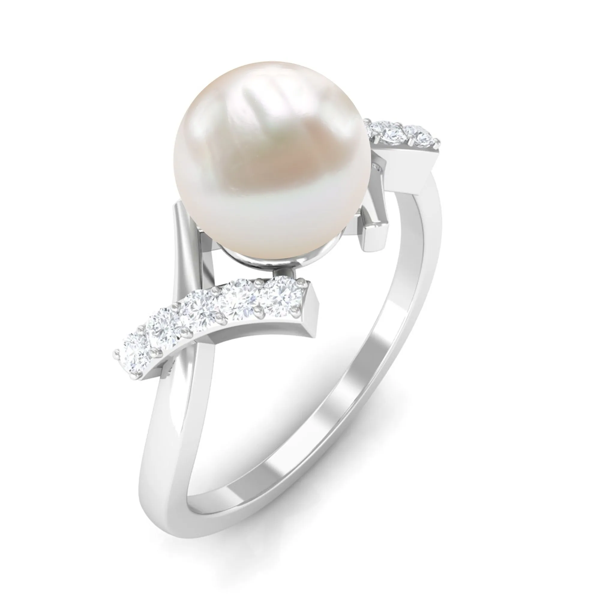 Pure Freshwater Pearl Solitaire Crossover Ring with Diamond