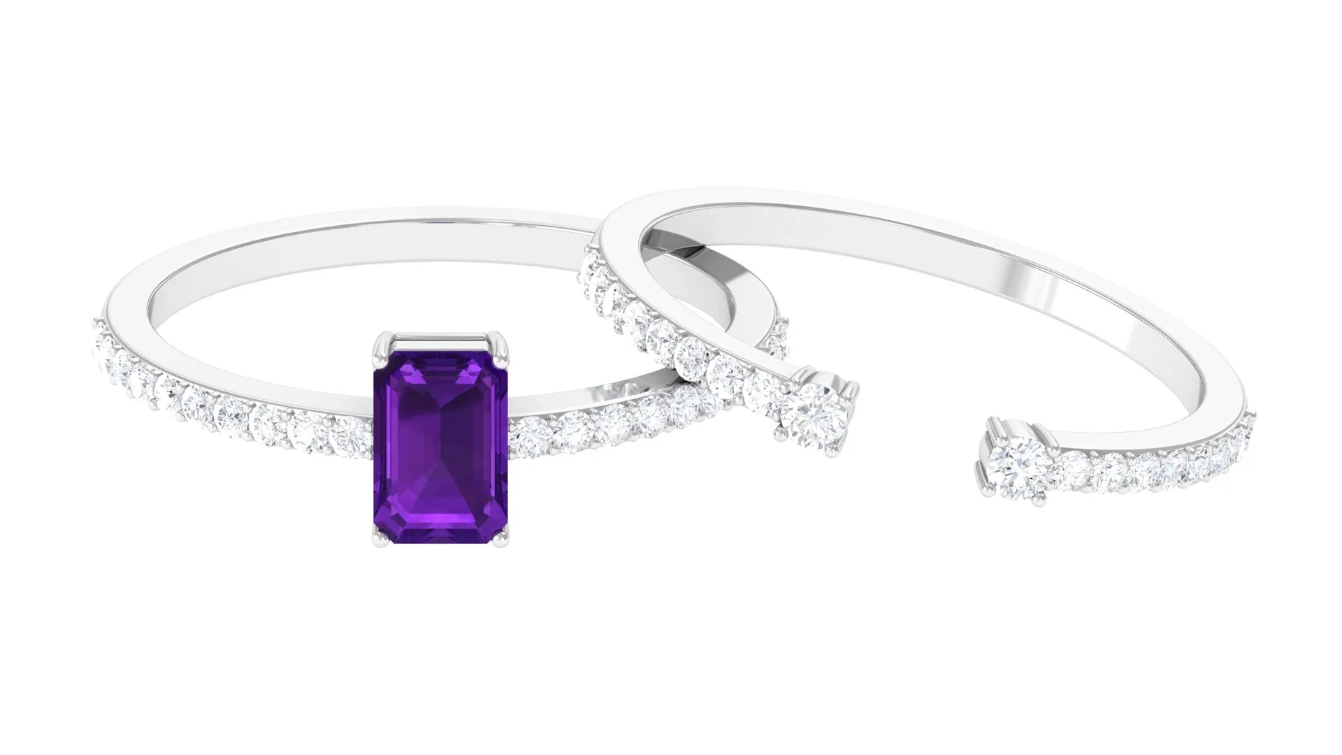 Real Amethyst and Diamond Solitaire Ring Set