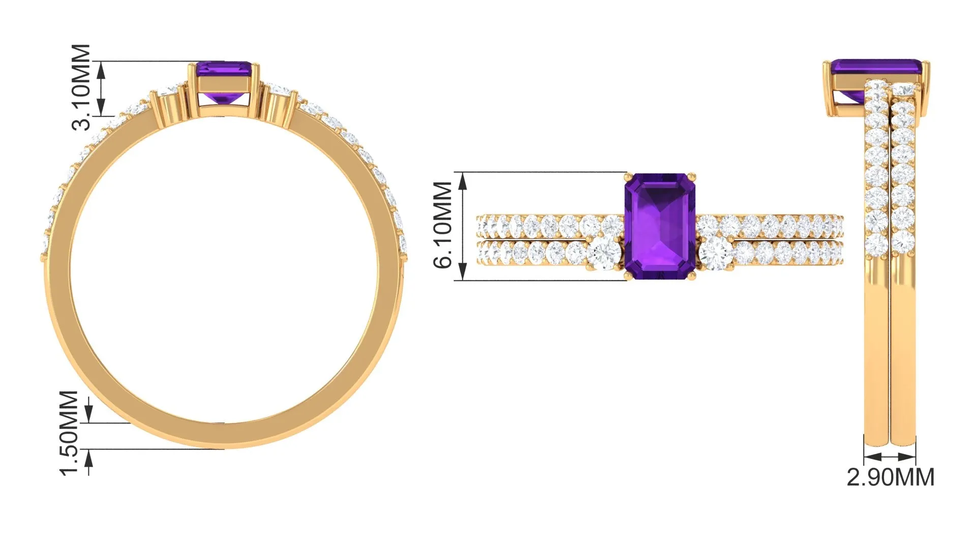 Real Amethyst and Diamond Solitaire Ring Set