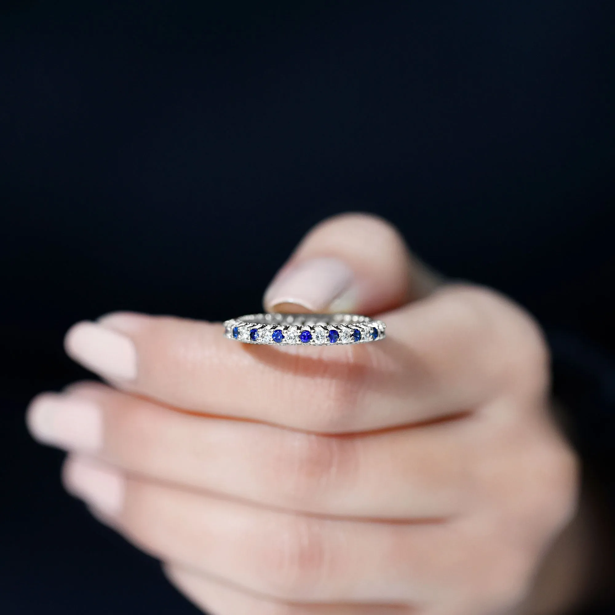 Real Blue Sapphire and Diamond Alternate Eternity Ring