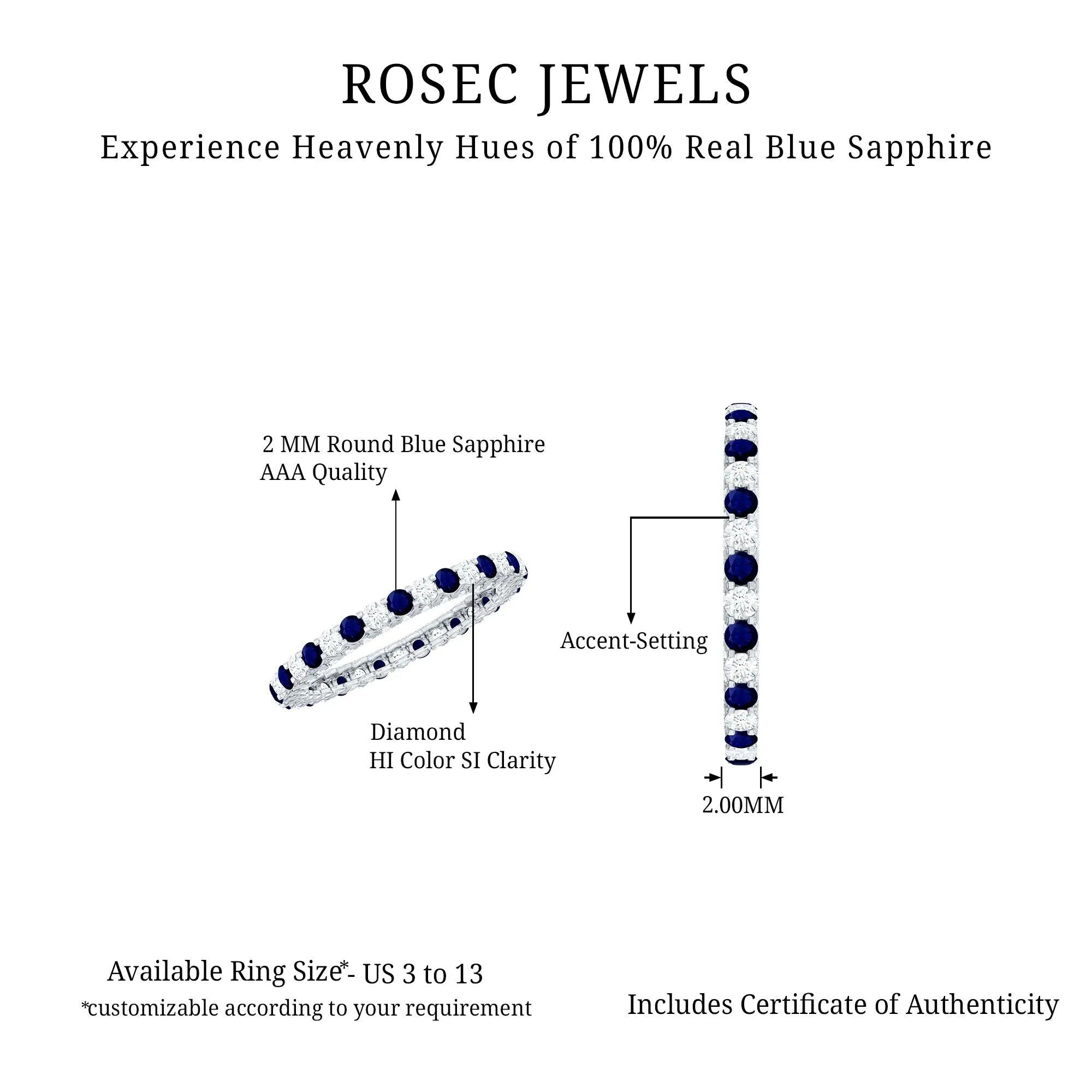 Real Blue Sapphire and Diamond Alternate Eternity Ring