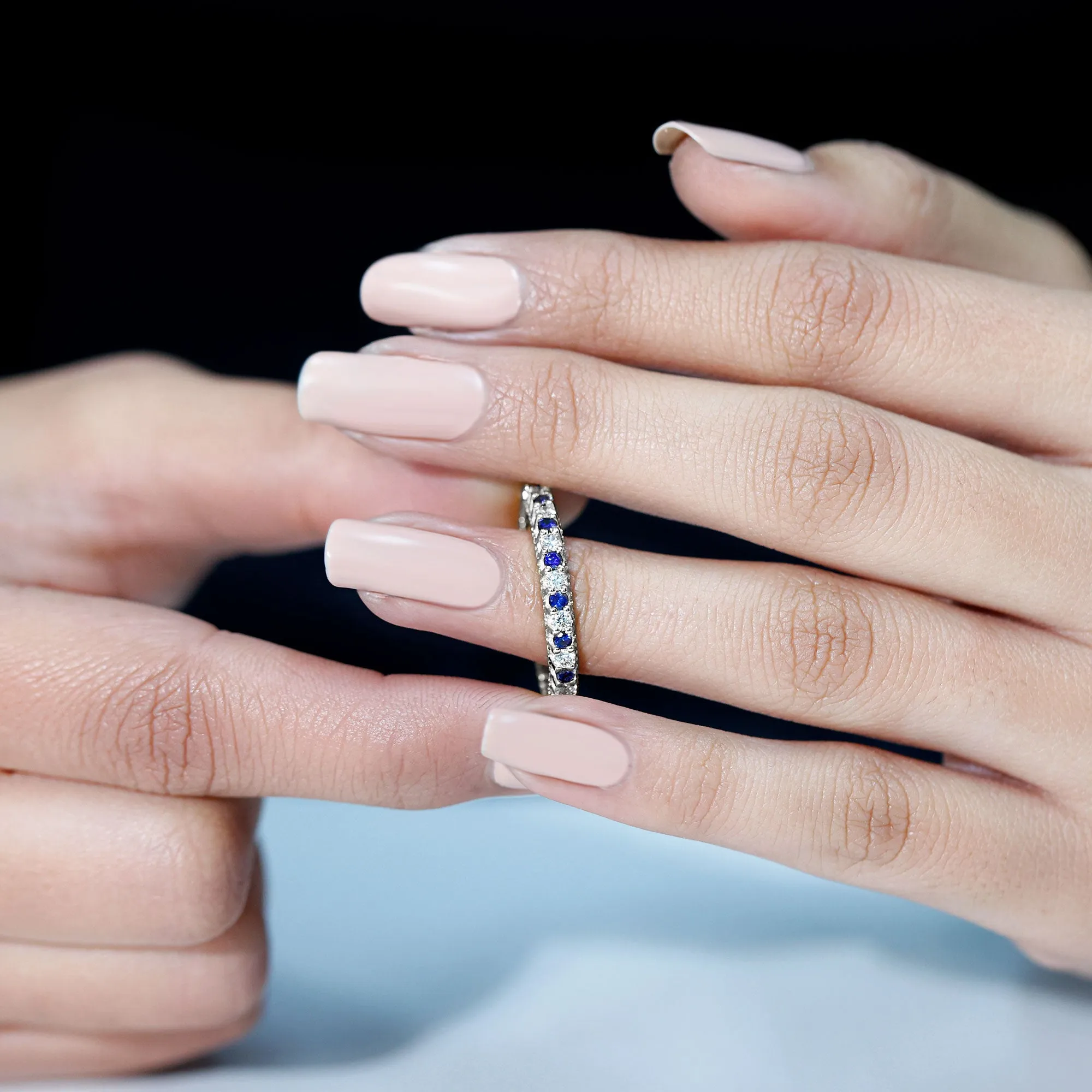 Real Blue Sapphire and Diamond Alternate Eternity Ring