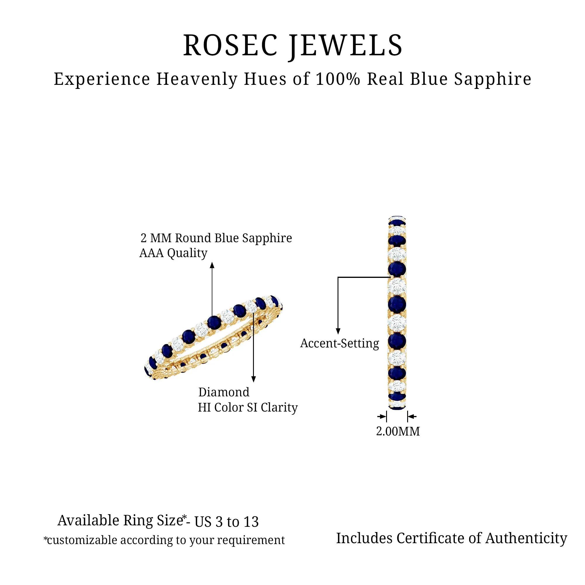 Real Blue Sapphire and Diamond Alternate Eternity Ring
