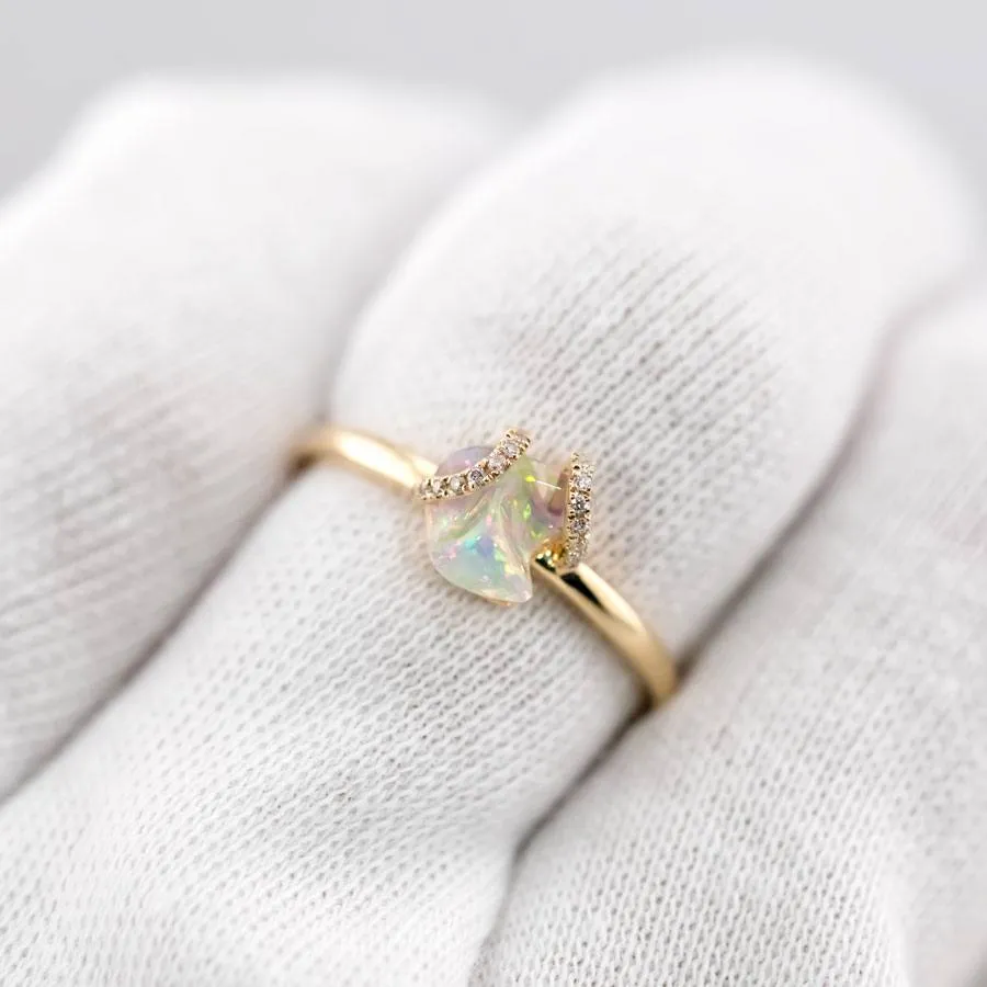 Ribbon Wrap Design Mexican Fire Opal Diamond Engagement Ring 18K Yellow Gold