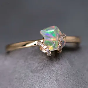Ribbon Wrap Design Mexican Fire Opal Diamond Engagement Ring 18K Yellow Gold