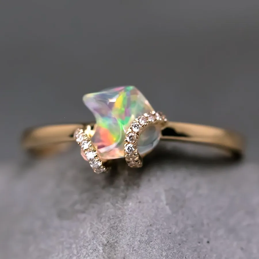 Ribbon Wrap Design Mexican Fire Opal Diamond Engagement Ring 18K Yellow Gold