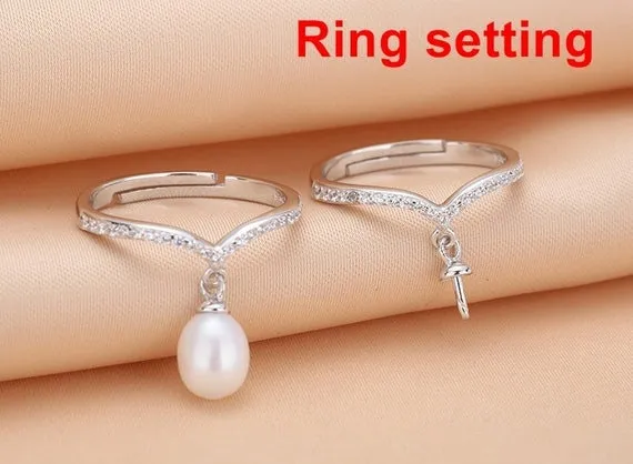 Ring Setting Blank 7.5mm 1pc 1.2g 925 Sterling Silver Adjustable CZ Semi Mount Round Shape Base for 1 Pearl Bead Wholesale Available
