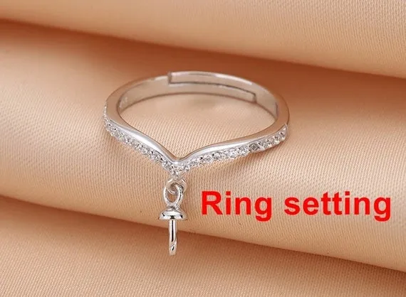 Ring Setting Blank 7.5mm 1pc 1.2g 925 Sterling Silver Adjustable CZ Semi Mount Round Shape Base for 1 Pearl Bead Wholesale Available