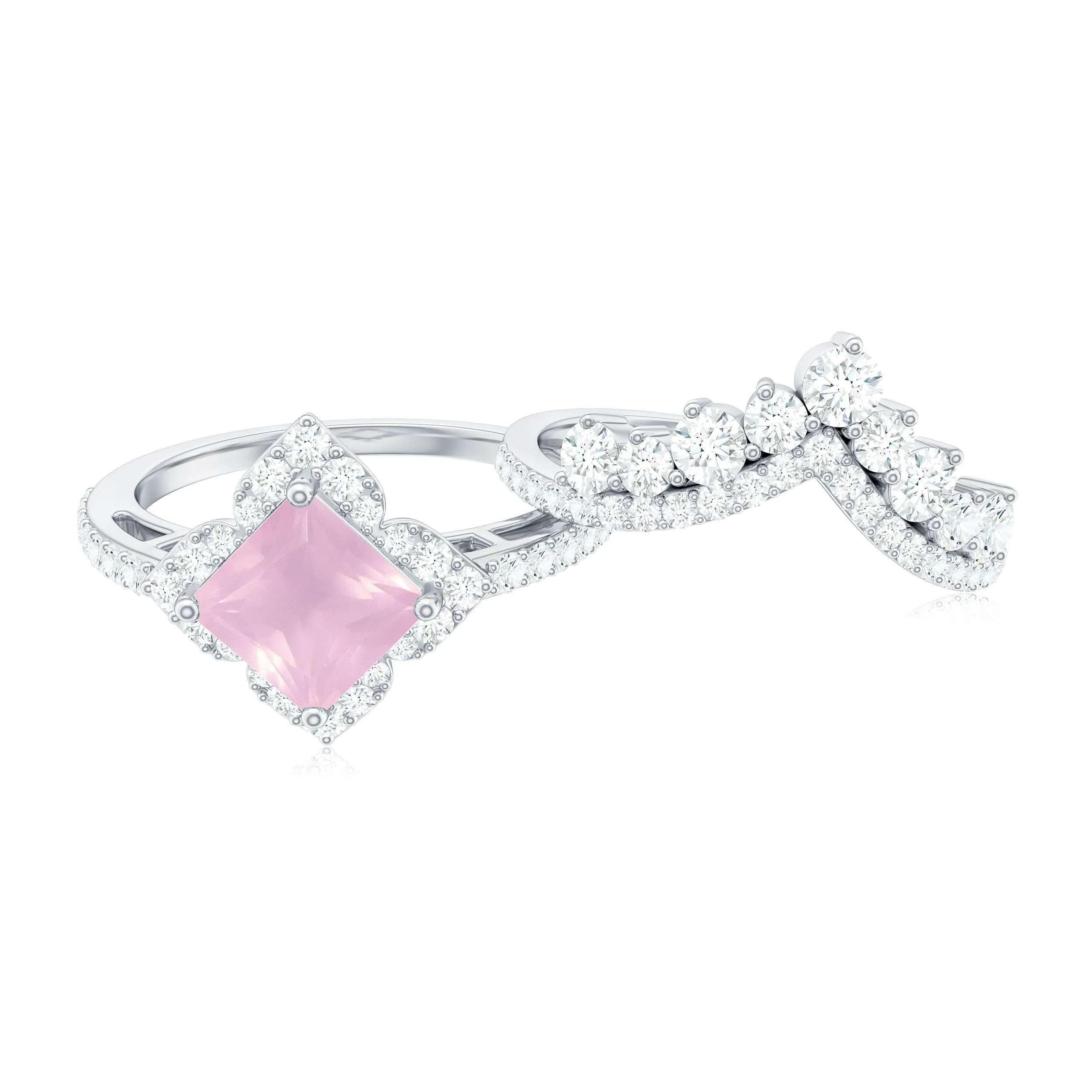 Rose Quartz and Moissanite Statement Wedding Ring Set