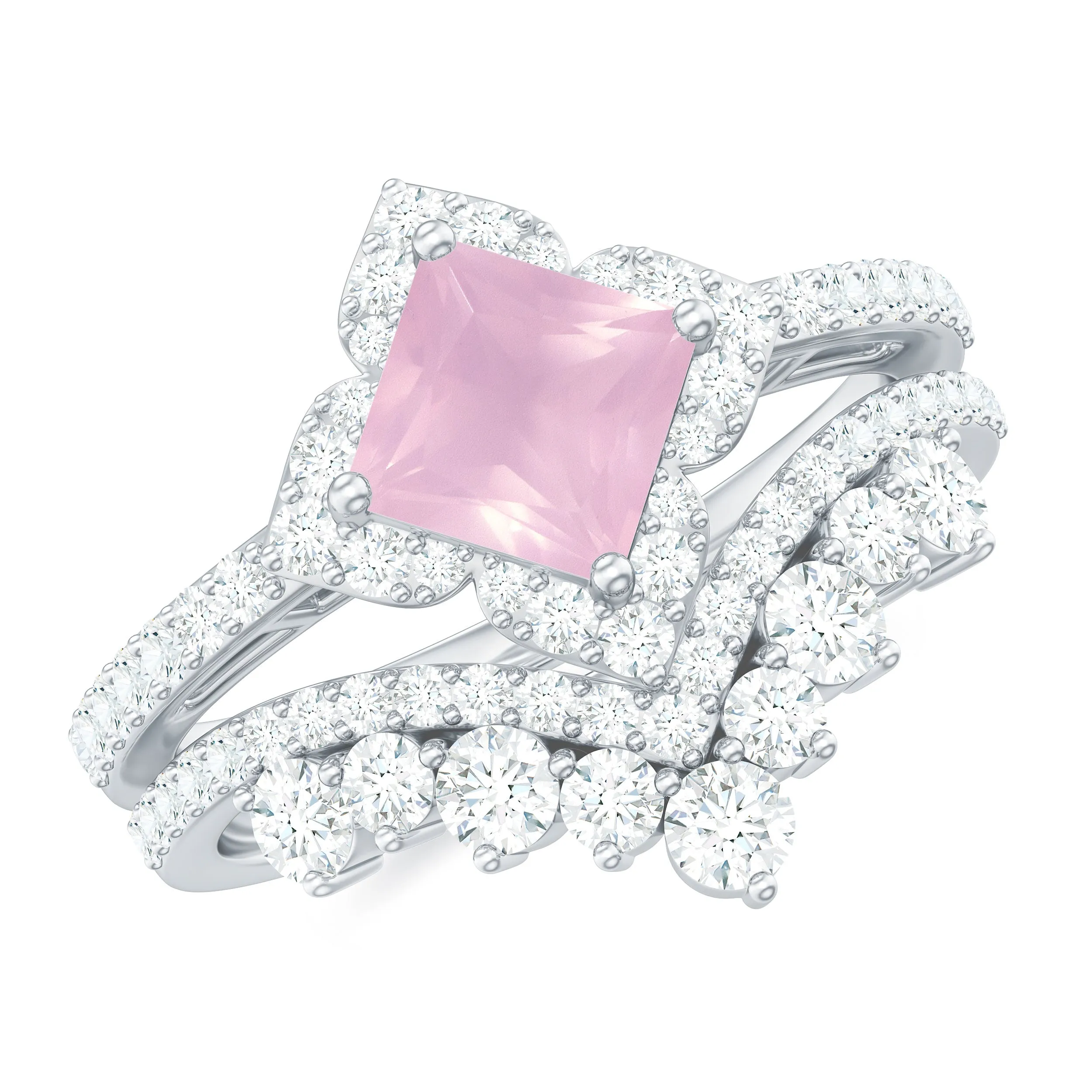 Rose Quartz and Moissanite Statement Wedding Ring Set