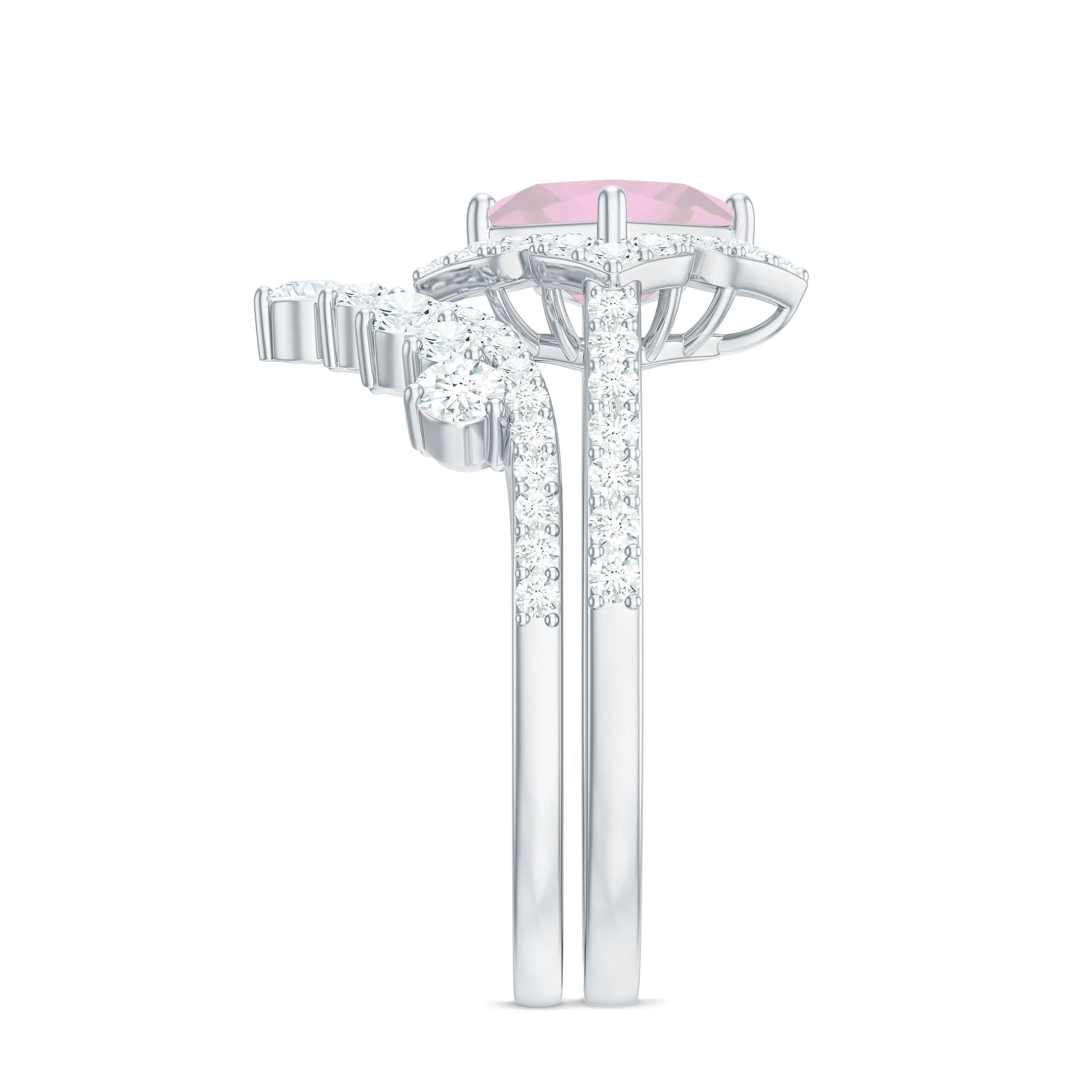 Rose Quartz and Moissanite Statement Wedding Ring Set