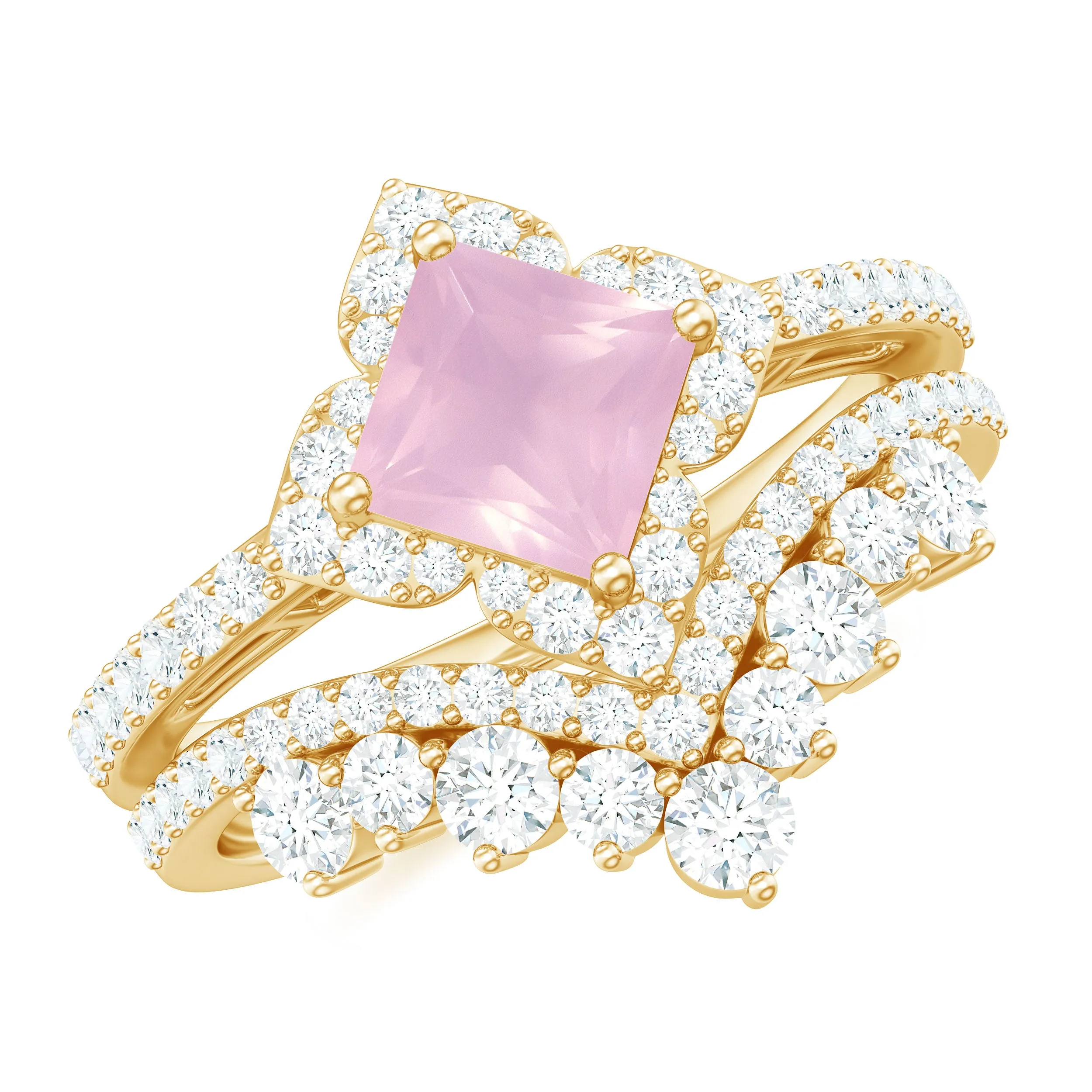 Rose Quartz and Moissanite Statement Wedding Ring Set