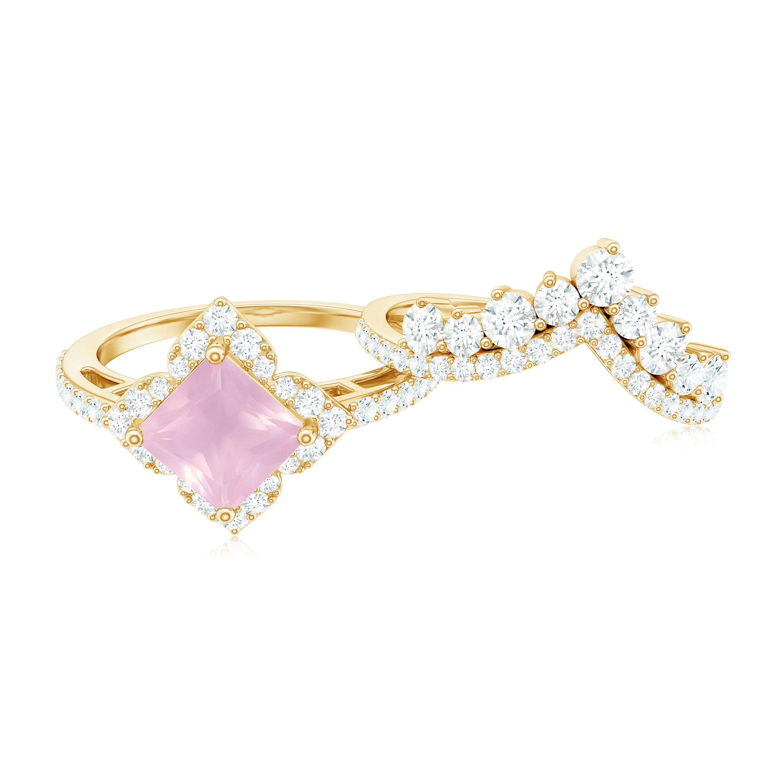 Rose Quartz and Moissanite Statement Wedding Ring Set