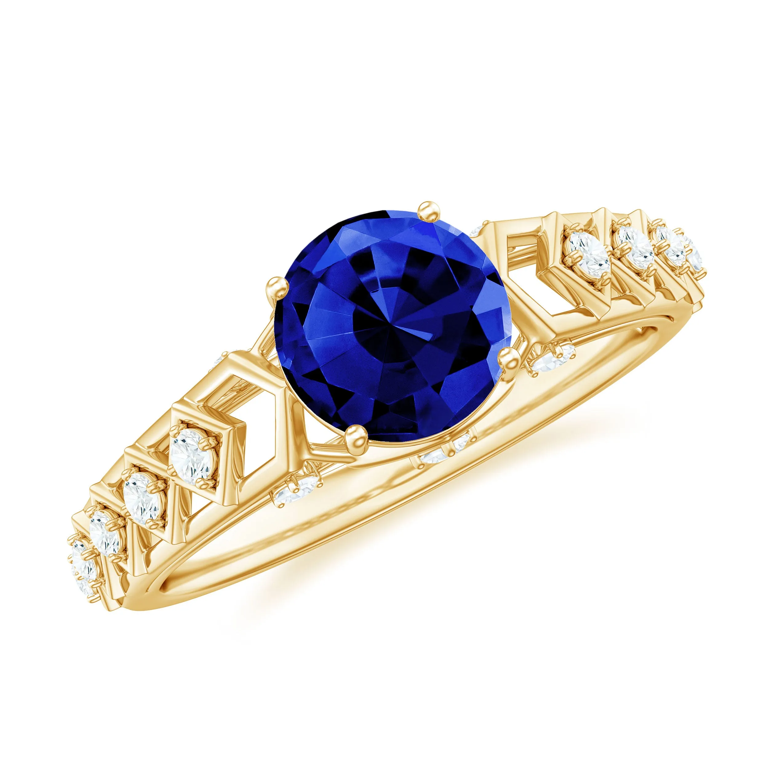 Round Lab Grown Blue Sapphire Solitaire Ring with Diamond