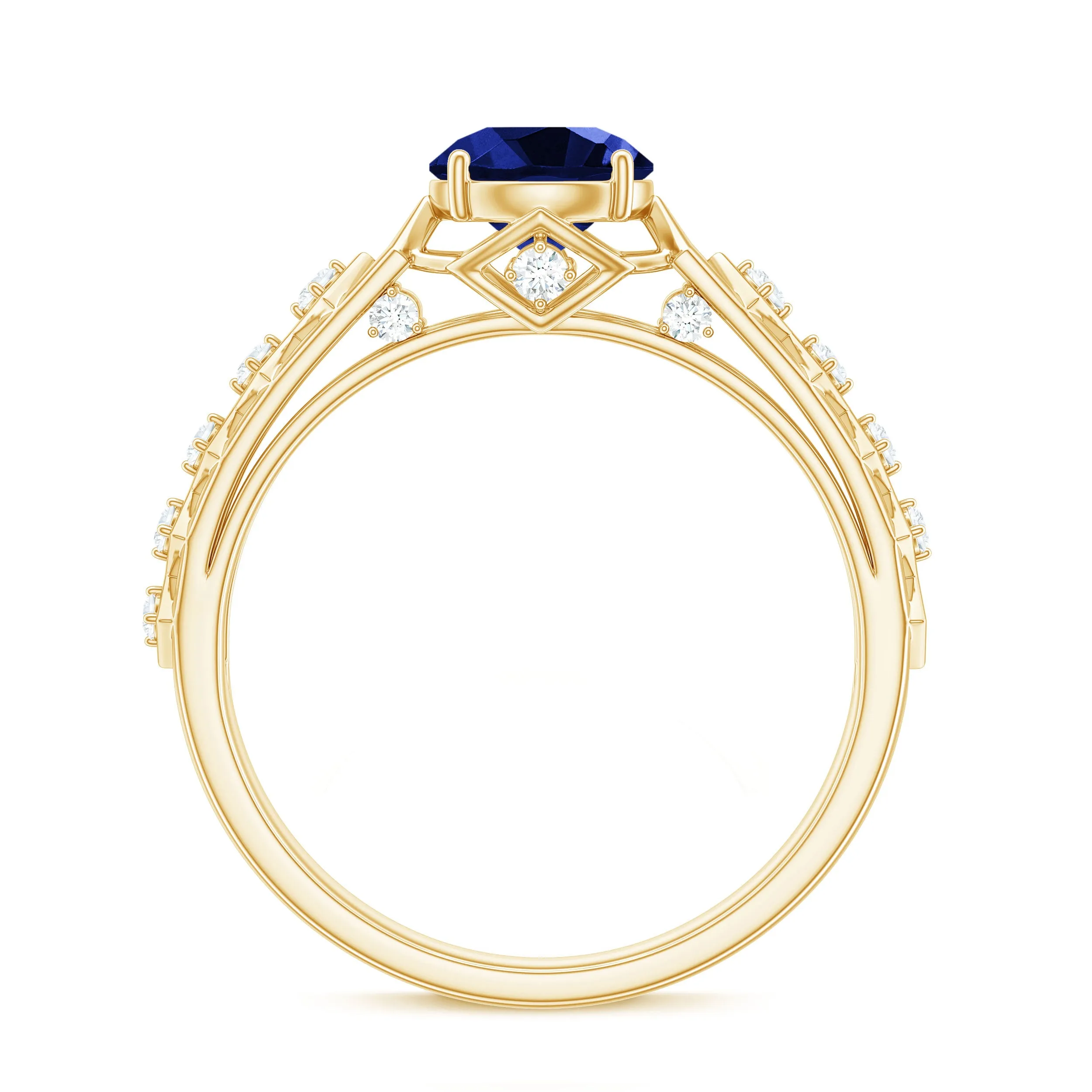 Round Lab Grown Blue Sapphire Solitaire Ring with Diamond