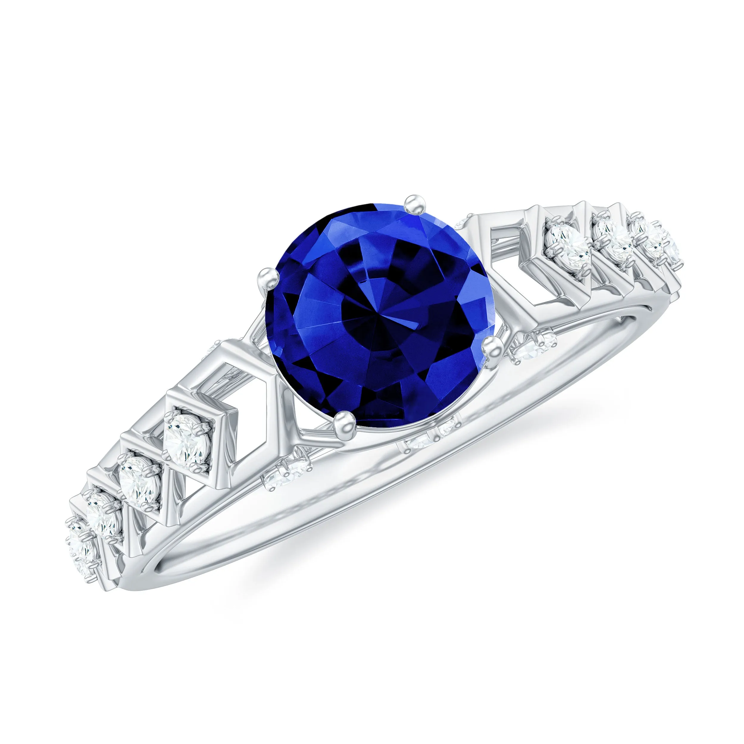 Round Lab Grown Blue Sapphire Solitaire Ring with Diamond