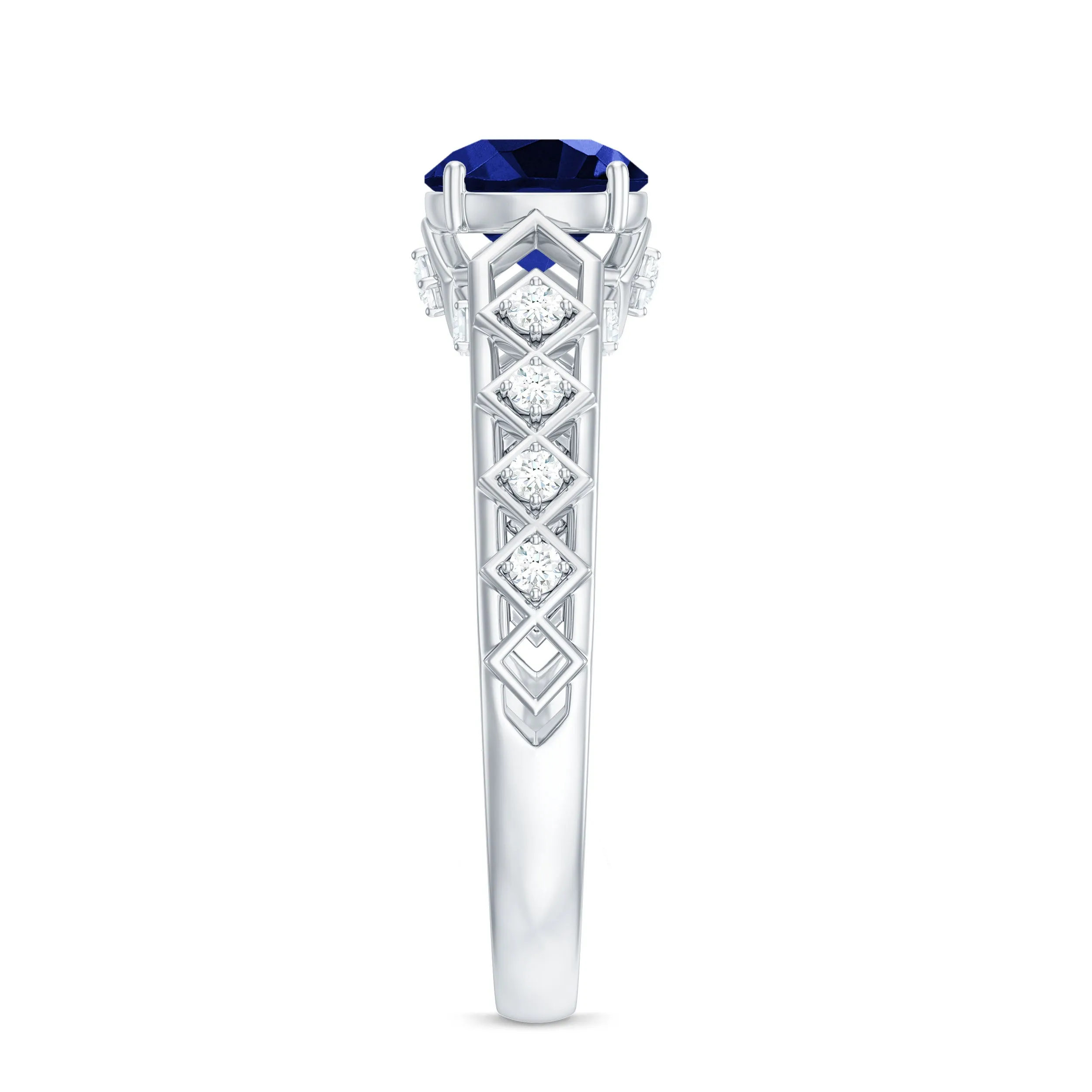 Round Lab Grown Blue Sapphire Solitaire Ring with Diamond