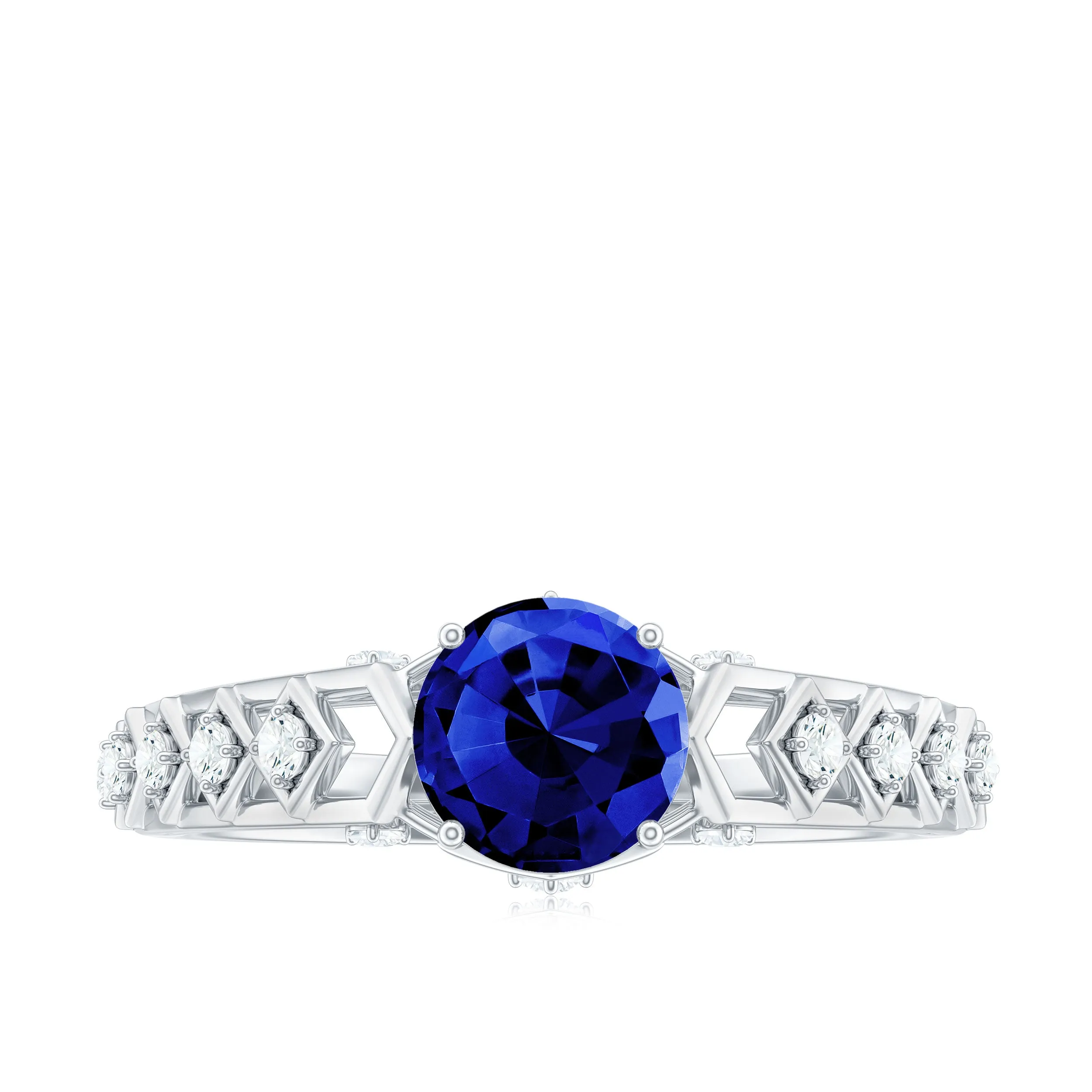 Round Lab Grown Blue Sapphire Solitaire Ring with Diamond