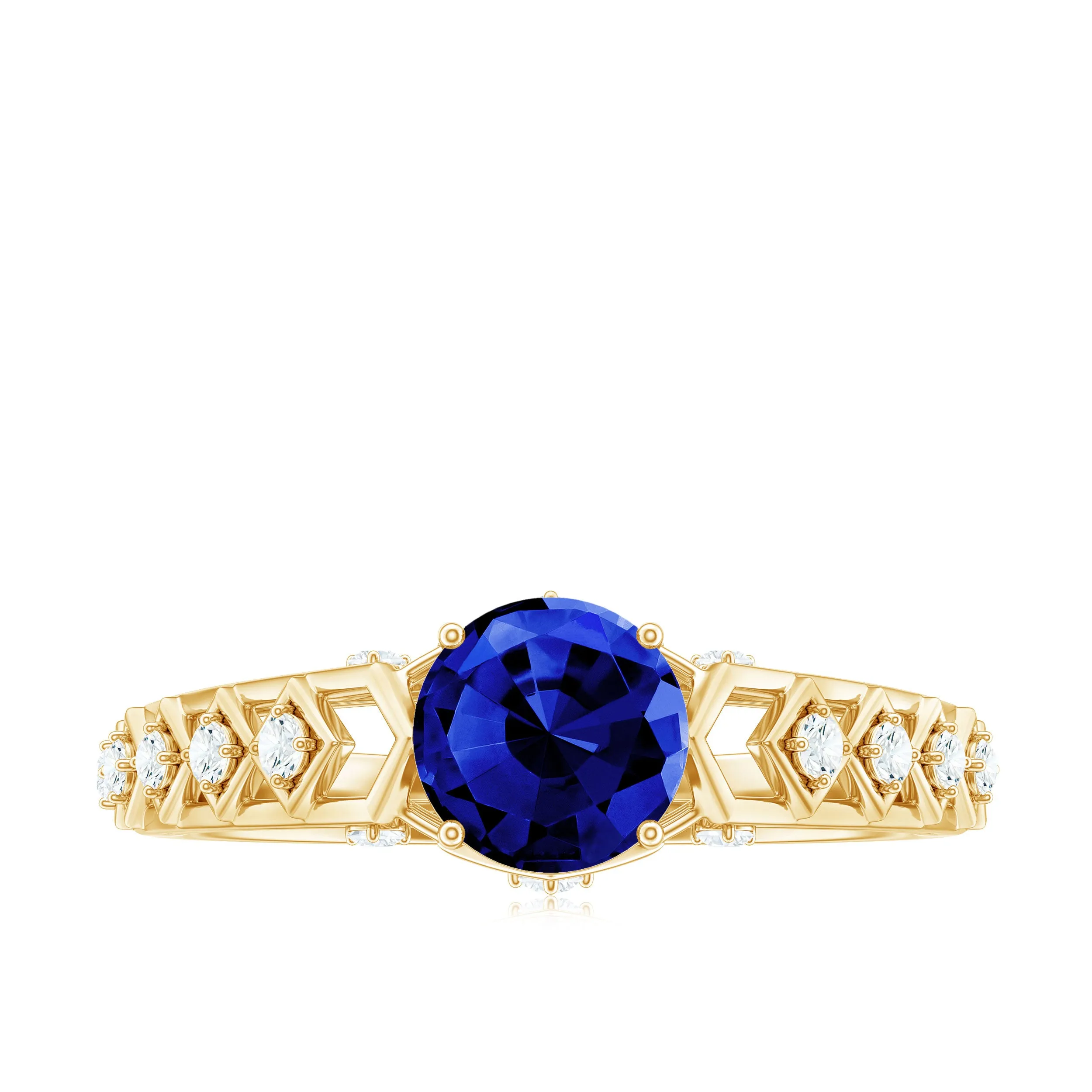 Round Lab Grown Blue Sapphire Solitaire Ring with Diamond