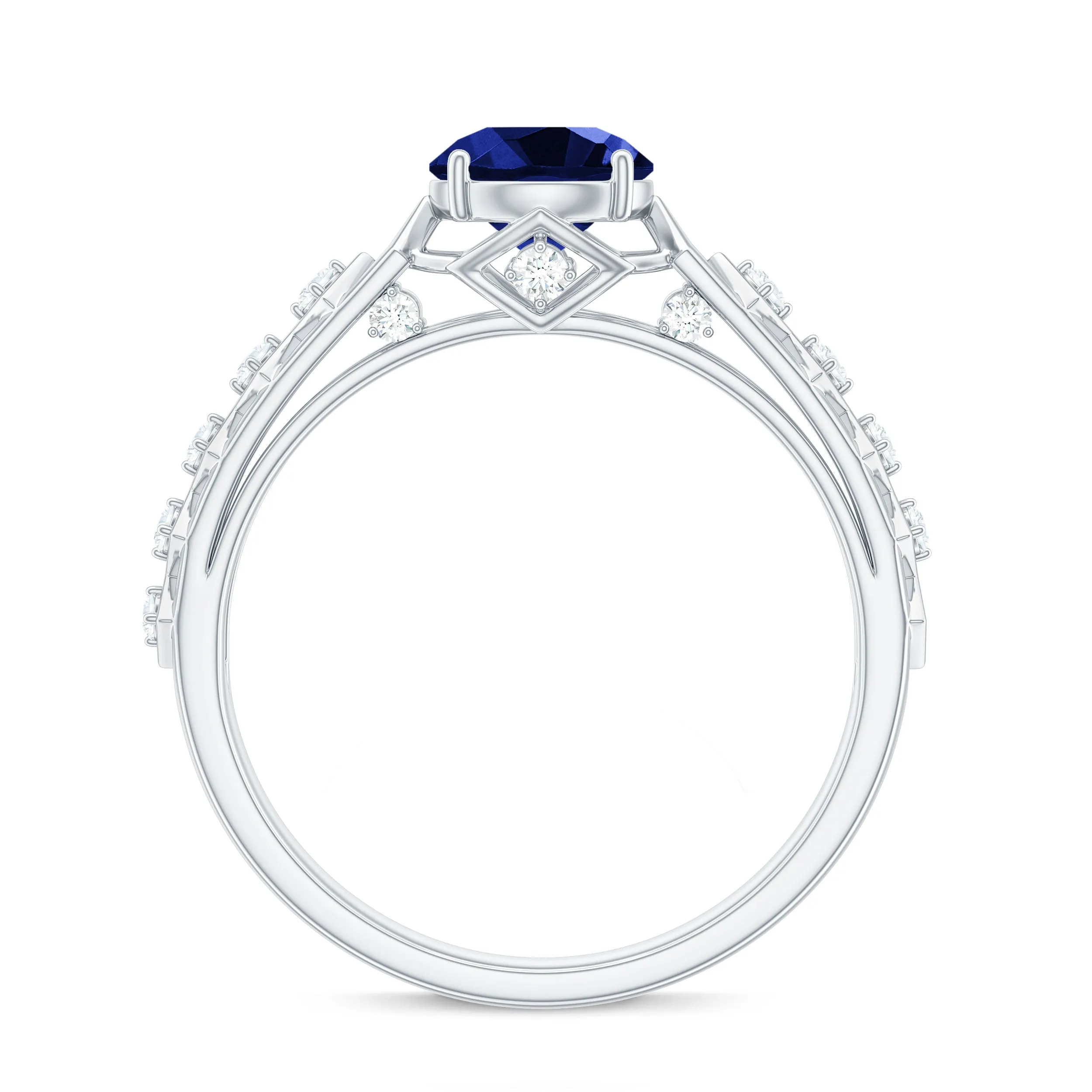 Round Lab Grown Blue Sapphire Solitaire Ring with Diamond