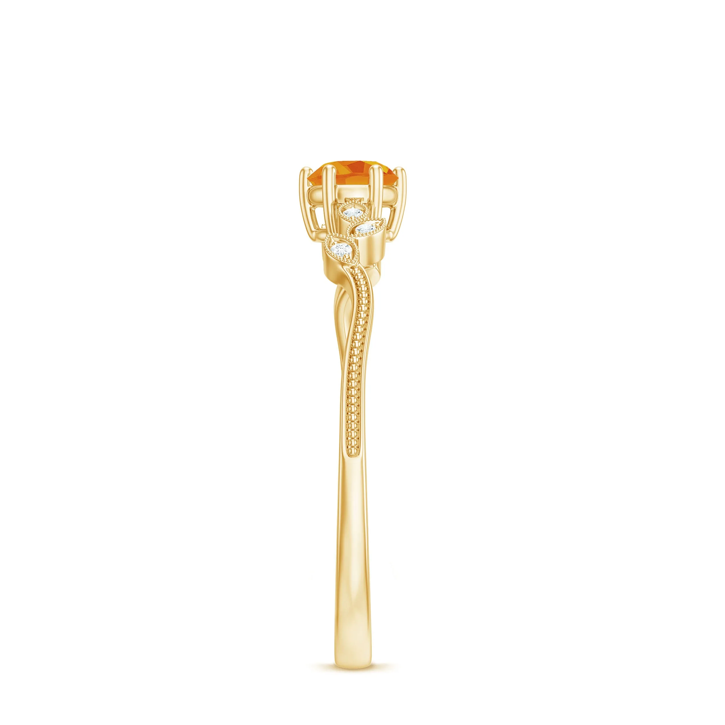 Round Orange Sapphire Minimal Leaf Promise Ring with Diamond