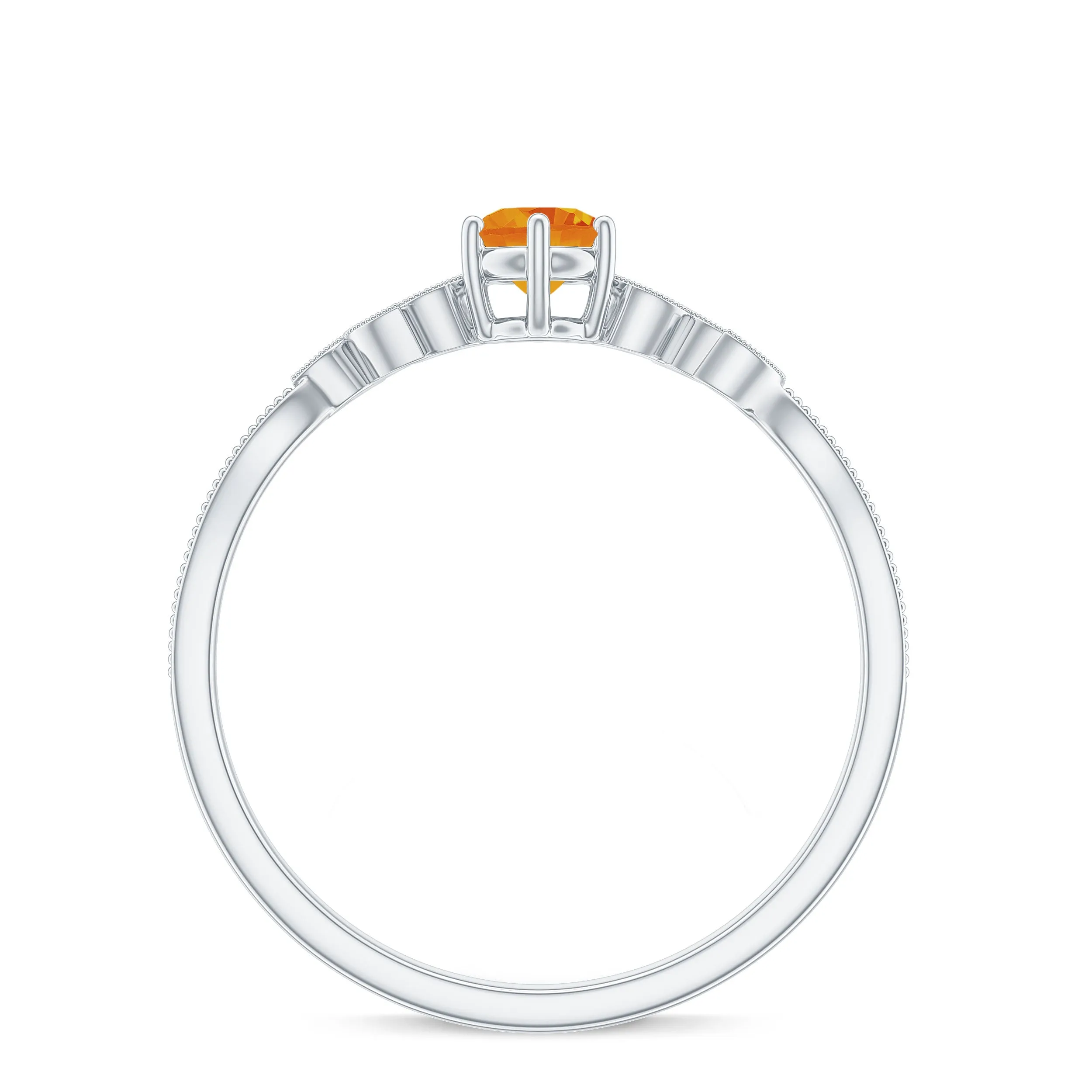 Round Orange Sapphire Minimal Leaf Promise Ring with Diamond