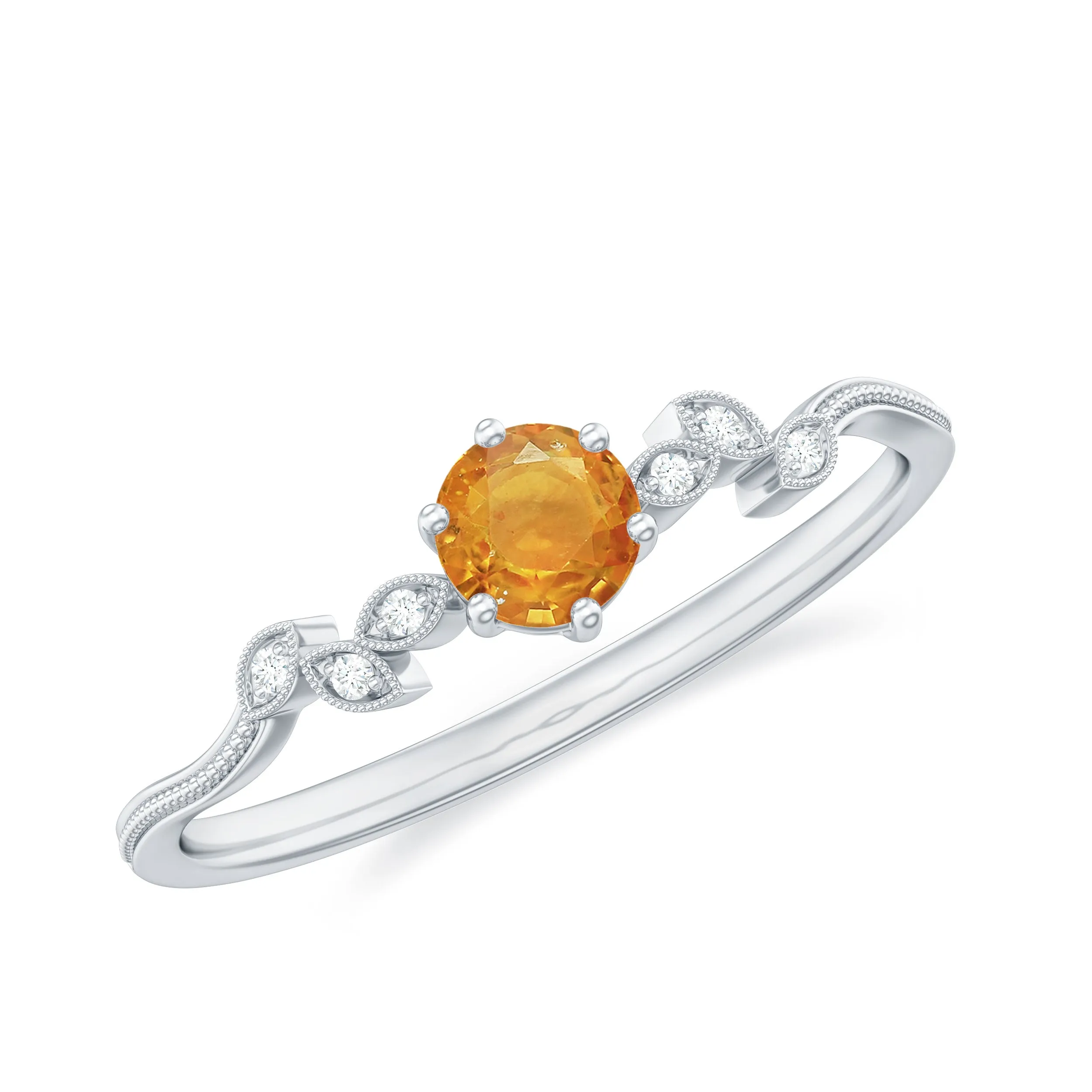 Round Orange Sapphire Minimal Leaf Promise Ring with Diamond