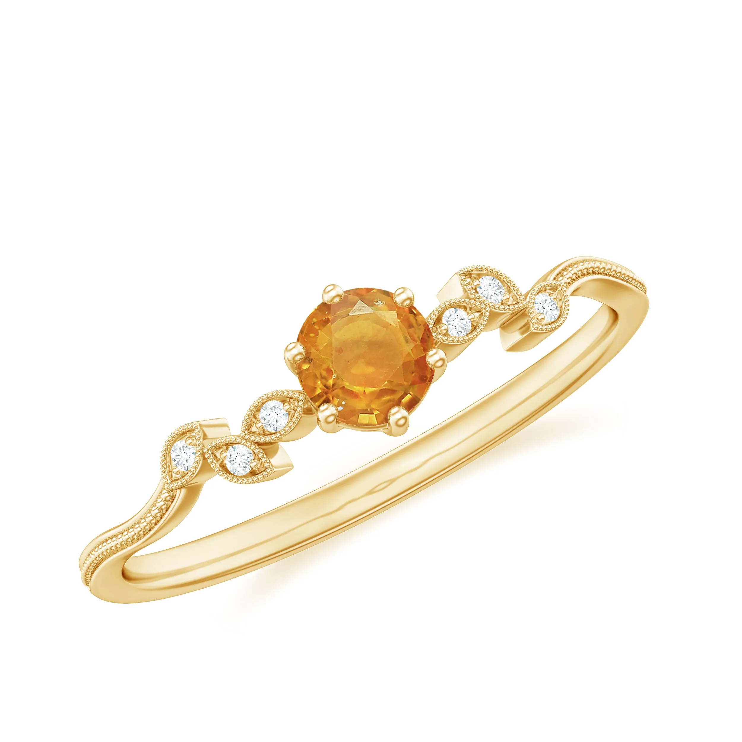 Round Orange Sapphire Minimal Leaf Promise Ring with Diamond