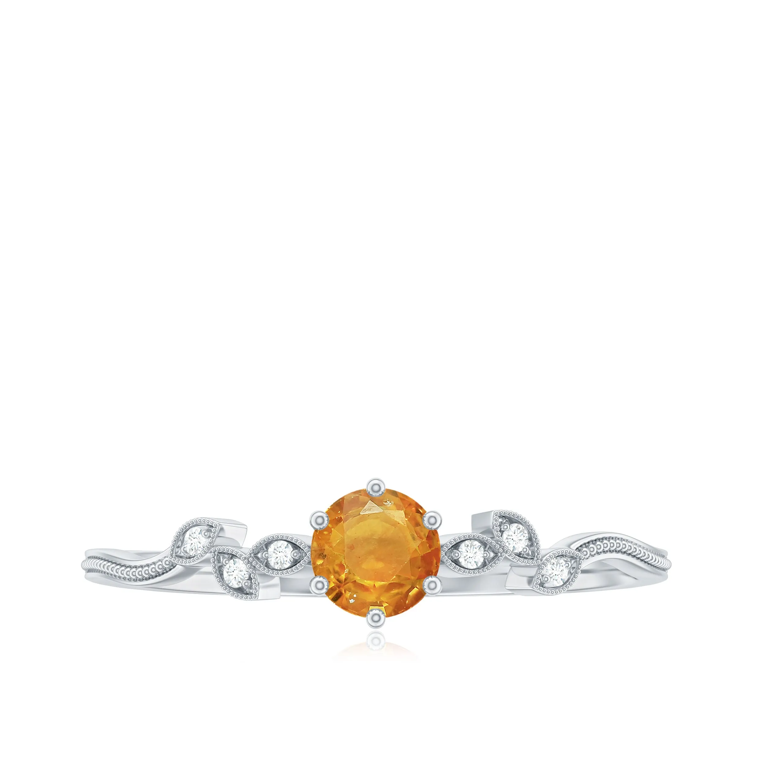 Round Orange Sapphire Minimal Leaf Promise Ring with Diamond
