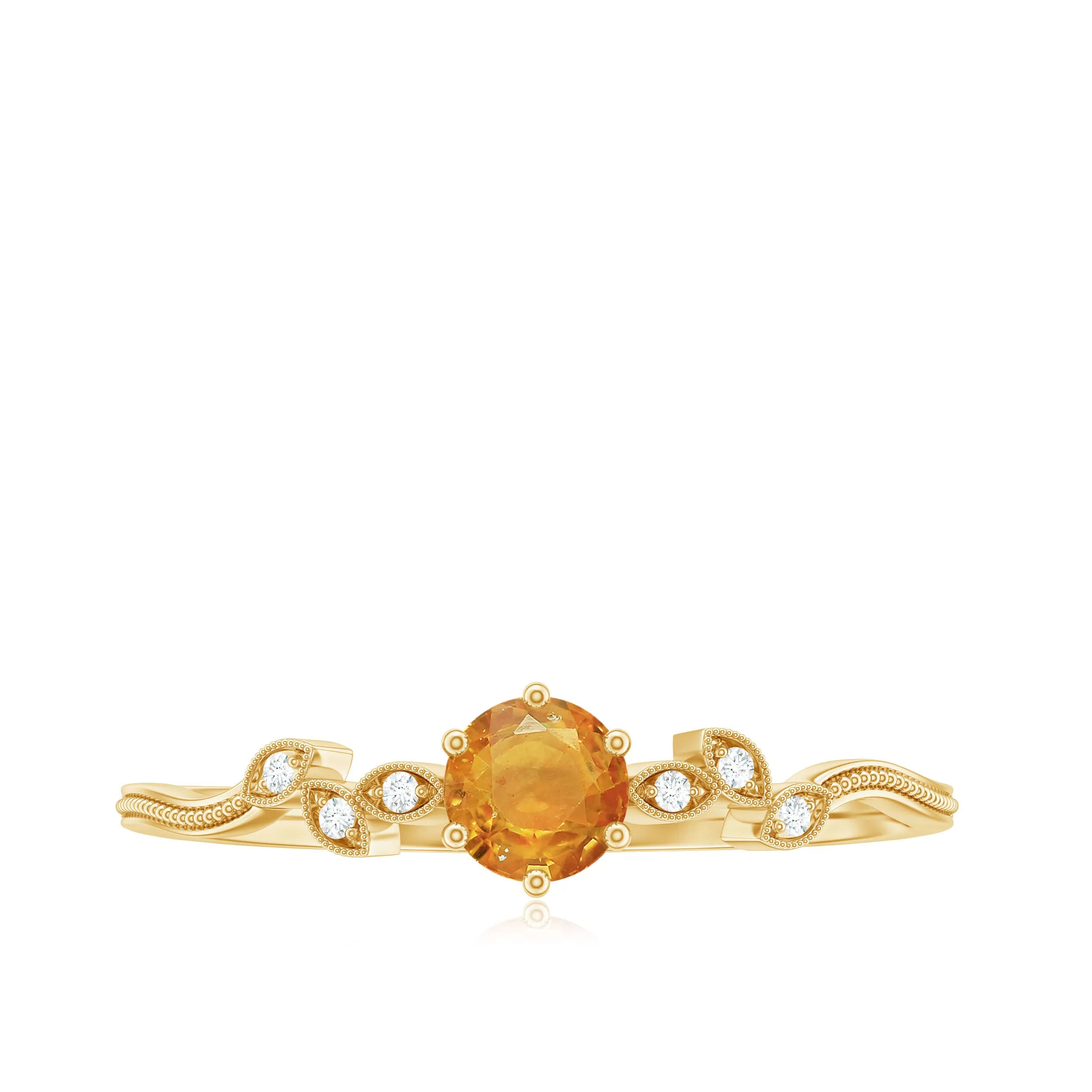 Round Orange Sapphire Minimal Leaf Promise Ring with Diamond