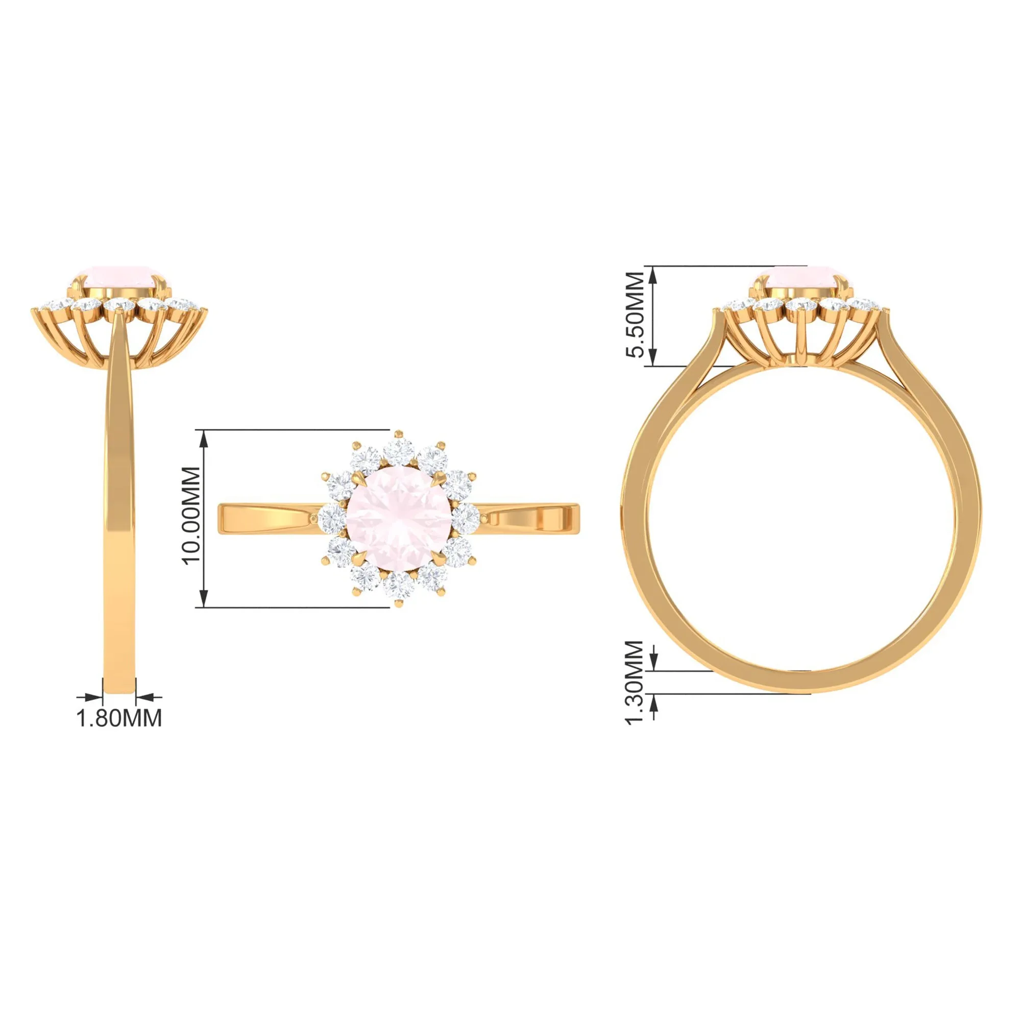 Round Shape Natural Rose Quartz Halo Ring with Diamond